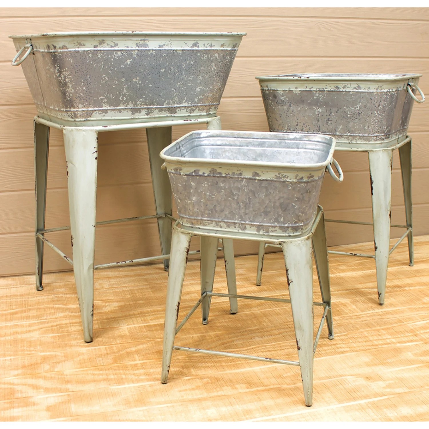 Set of 3 gray galvanized tubs on stands