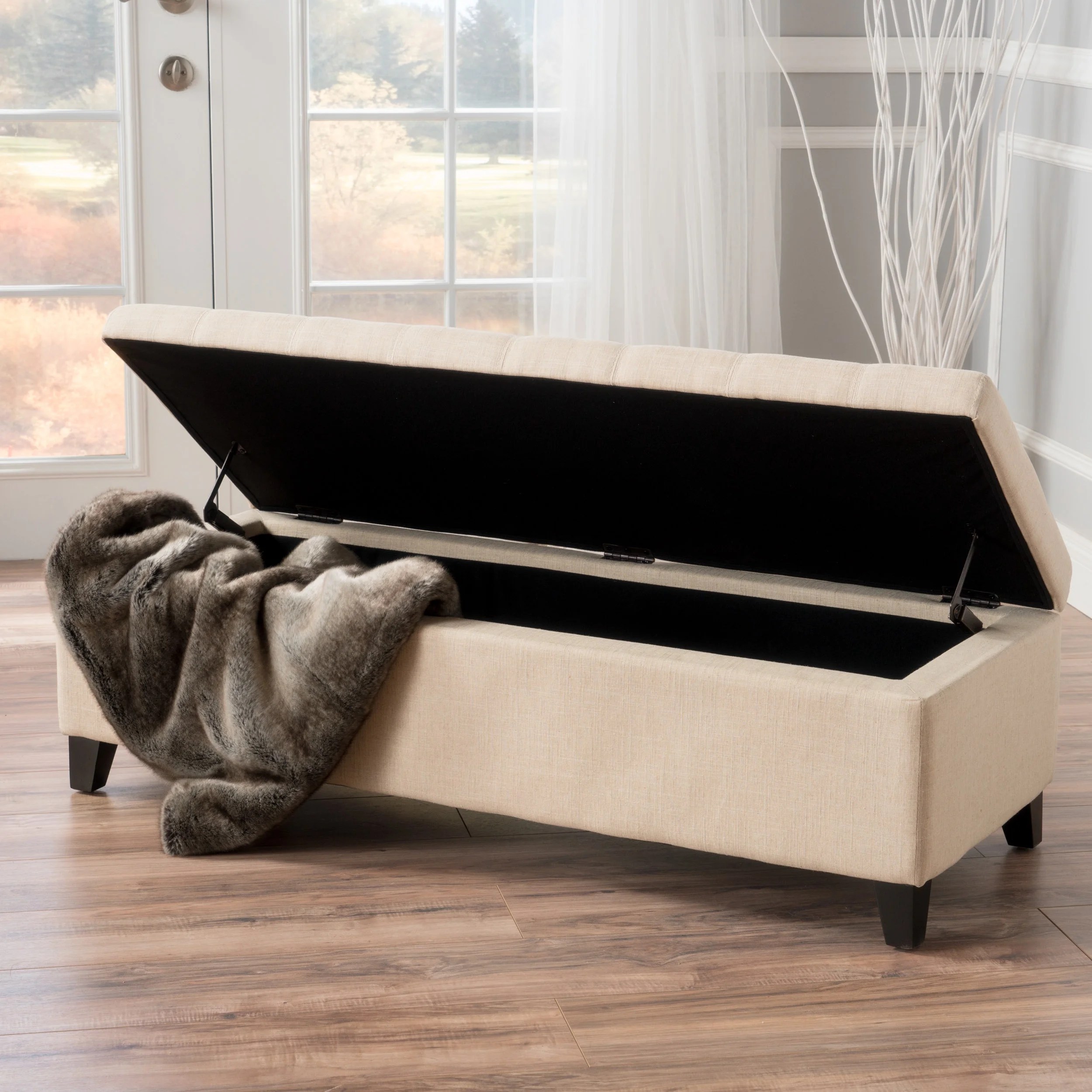 Munford Beige Tufted Fabric Storage Ottoman Bench