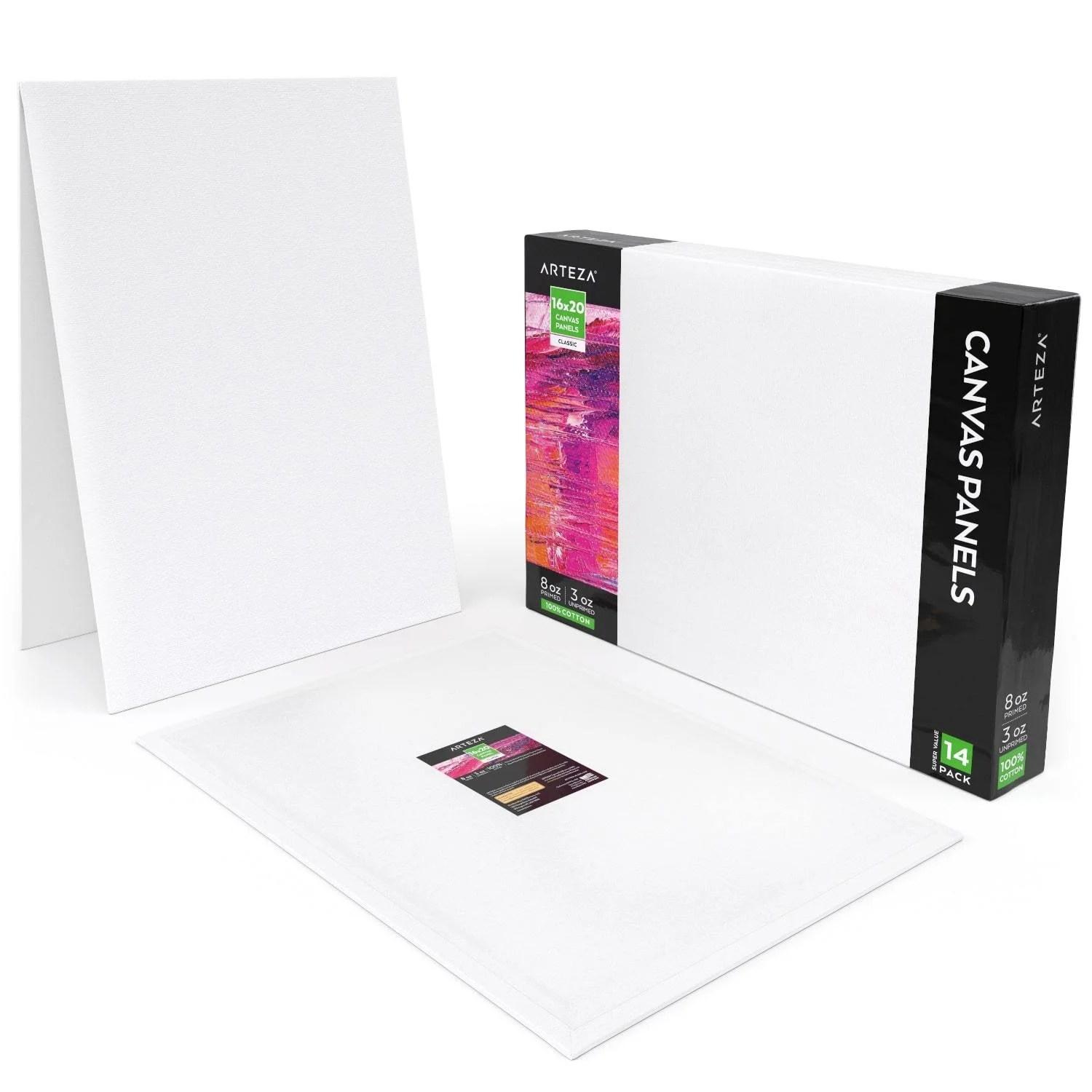 Arteza Canvas Panels, Classic, White, 16"x20", Blank Canvas Boards for