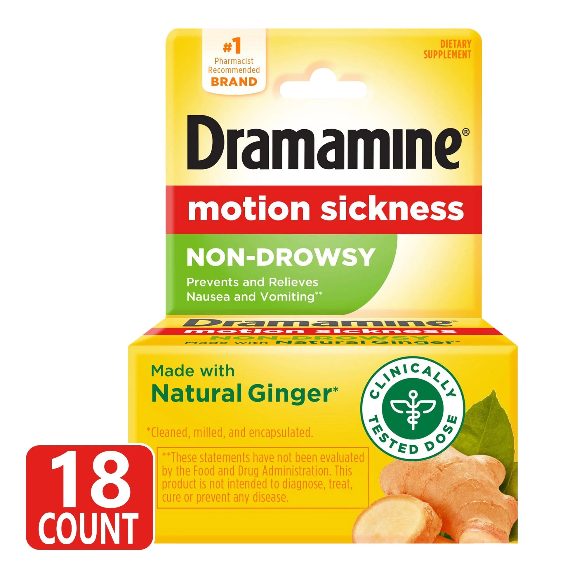 Dramamine NonDrowsy, Motion Sickness Relief, Made with Natural Ginger