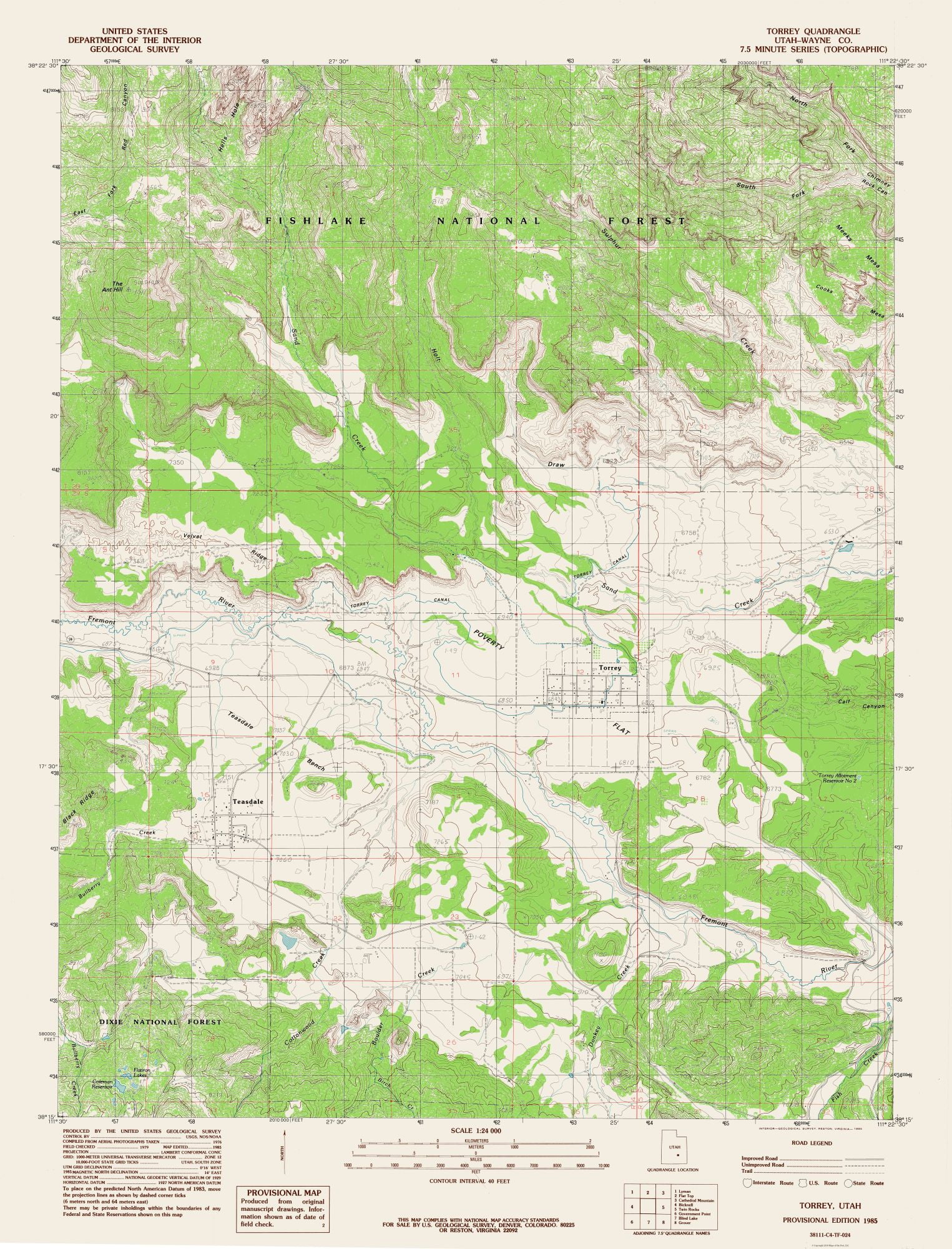 Topo Map Torrey Utah Quad USGS 1985 23.00 x 30.17 Matte Canvas