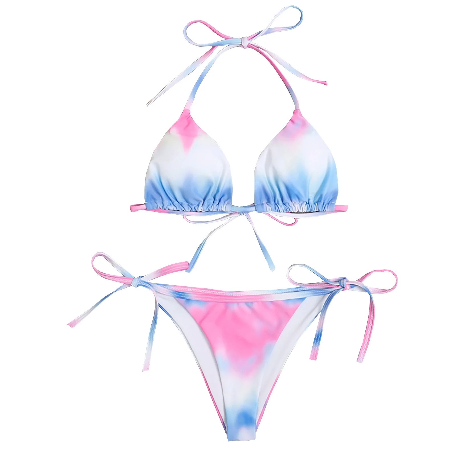 Women's Sexy Triangle Bikini Set Halter Tie Dye Tie Side Thong Two