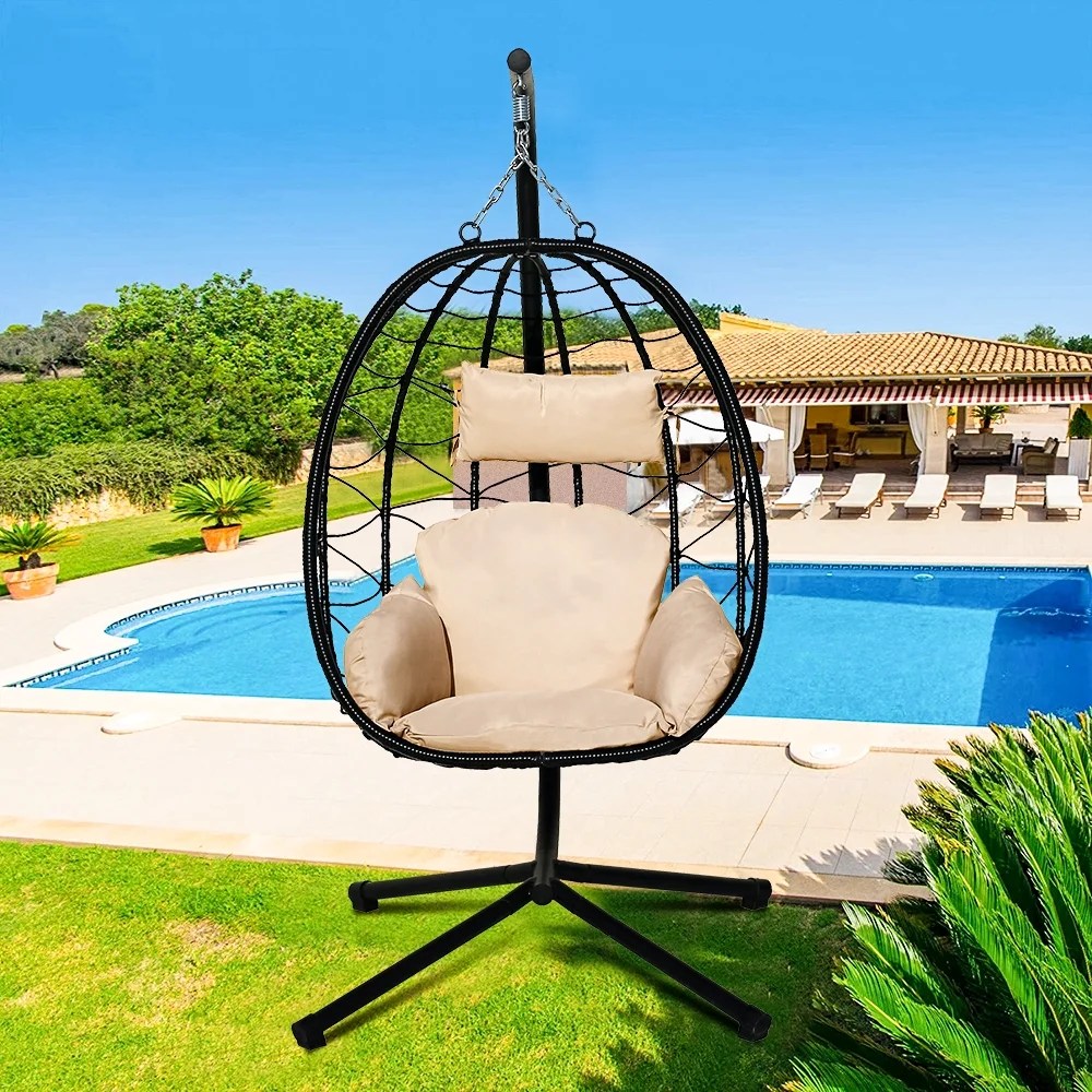 Egg Chair with Stand, Patio Resin Wicker Hanging Egg Chair with Khaki