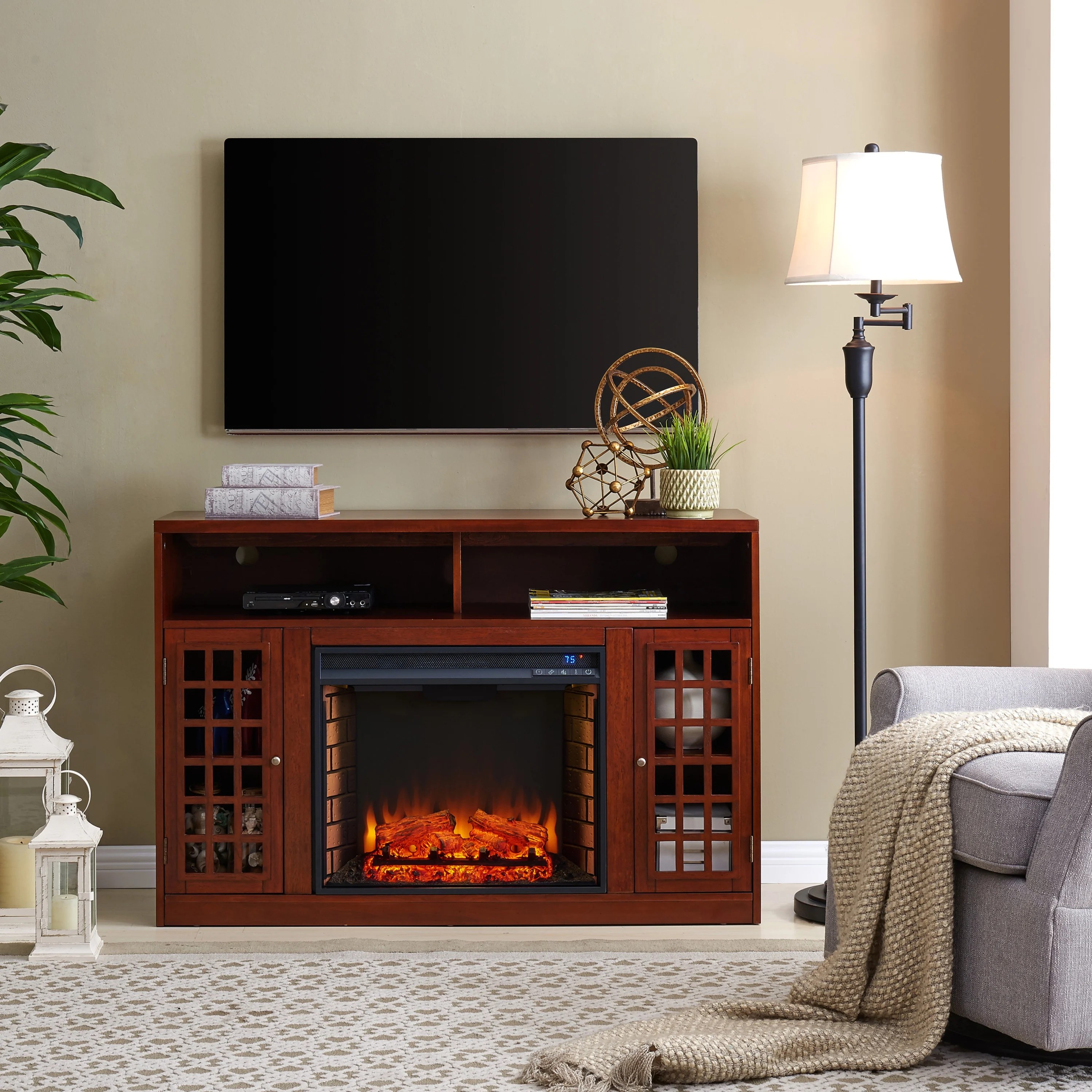 Zonna Electric Fireplace w/ Media Storage Dark Cherry