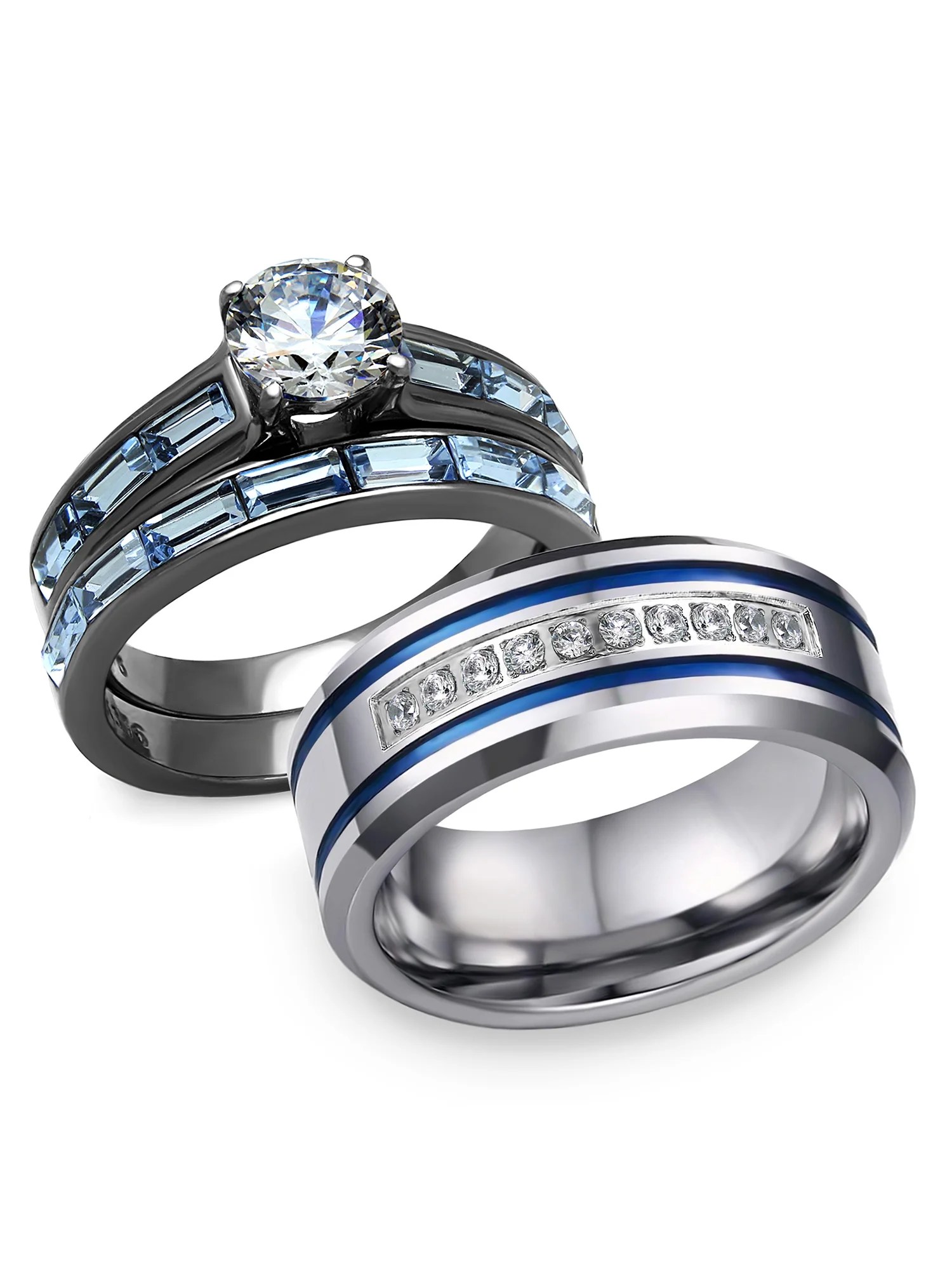 2 Rings Couple Rings Blue CZ Titanium Mens Ring Band Women's Ring