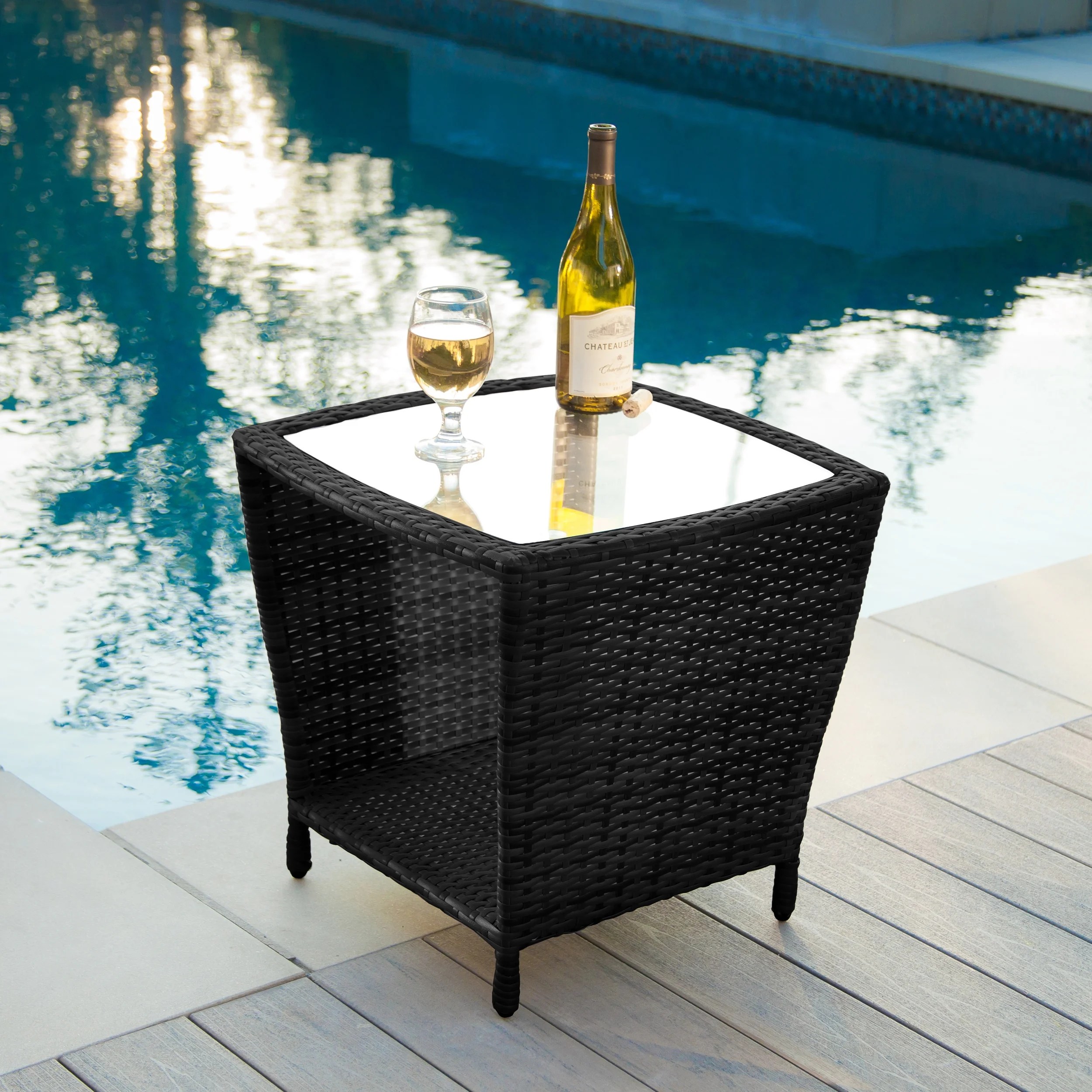 McGrath Outdoor Wicker Side Table with Glass Top, Black