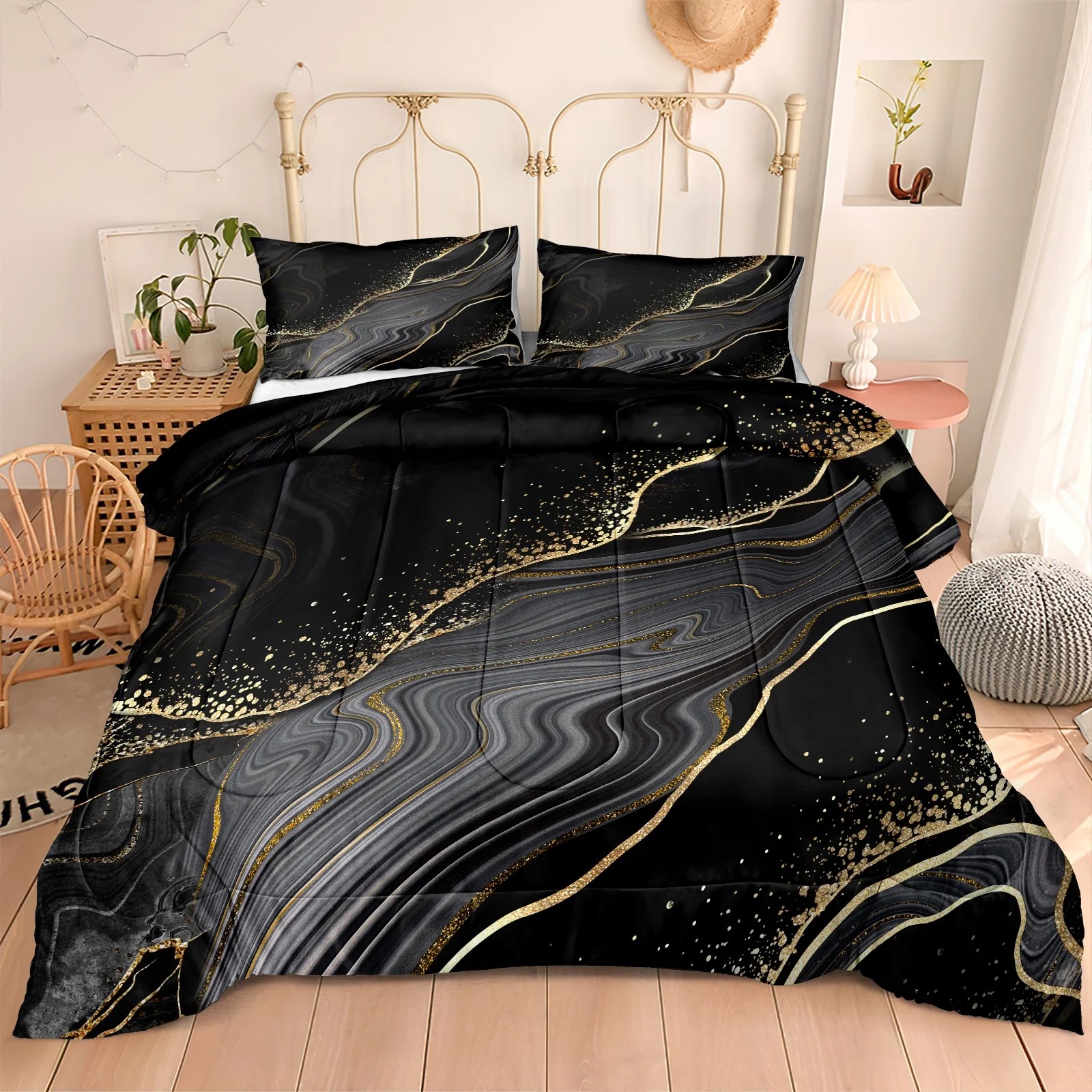 Move Over Black Gold Marble Comforter Set Queen Marble Bedding Sets