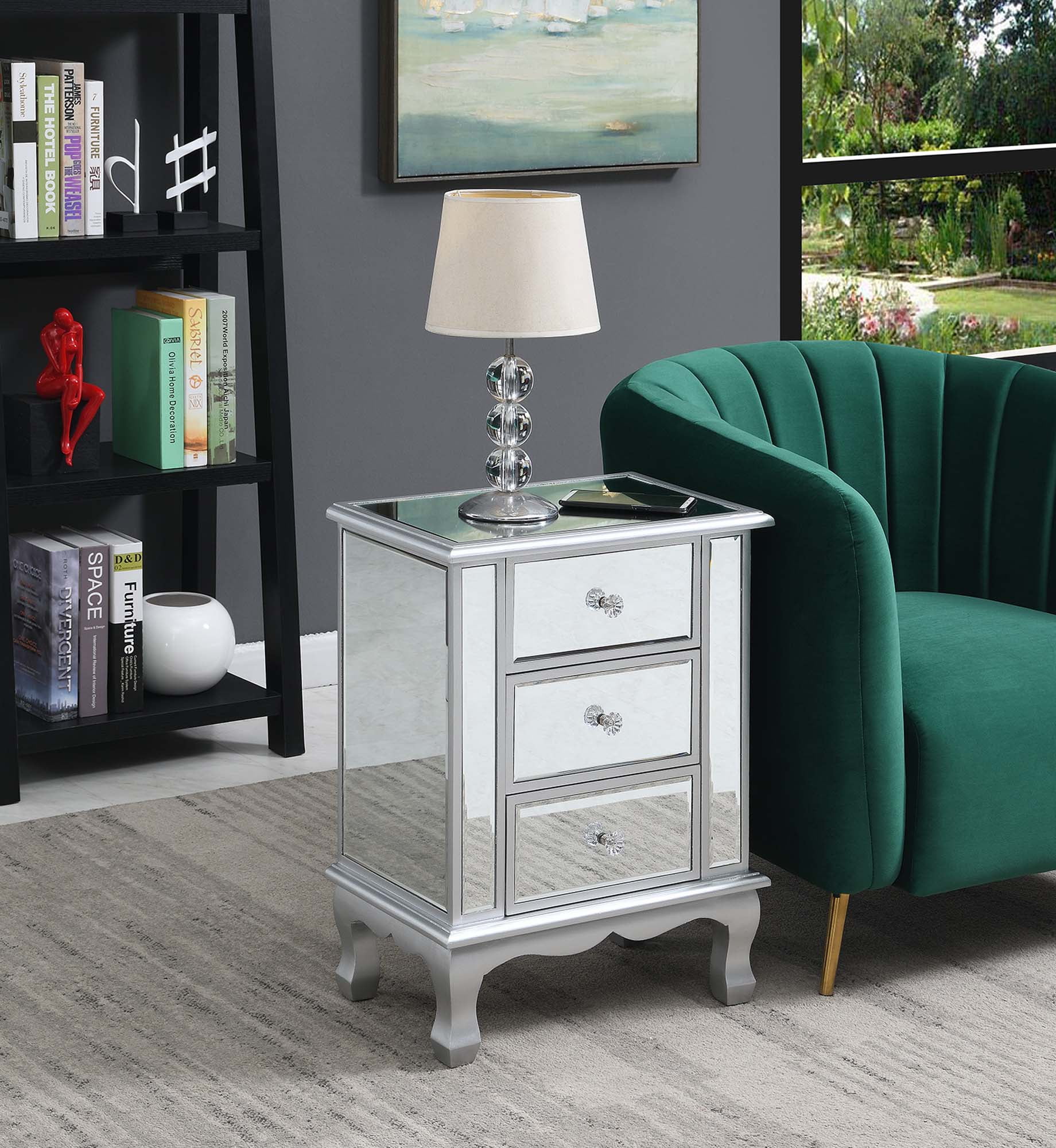 Gold Coast Vineyard 3 Drawer Mirrored End Table, Silver