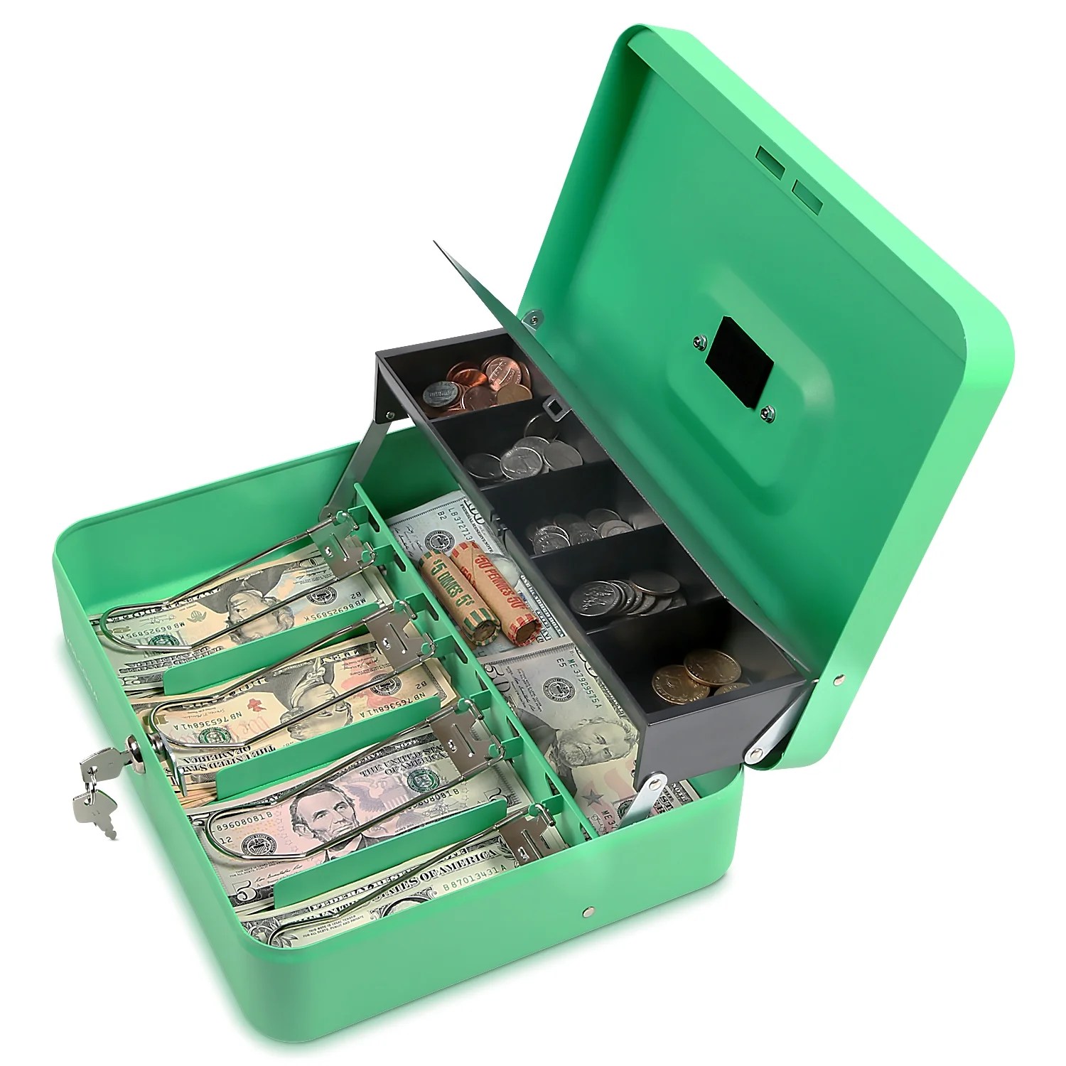 Cash Box with Key Lock Steel Tiered Money Coin Tray with