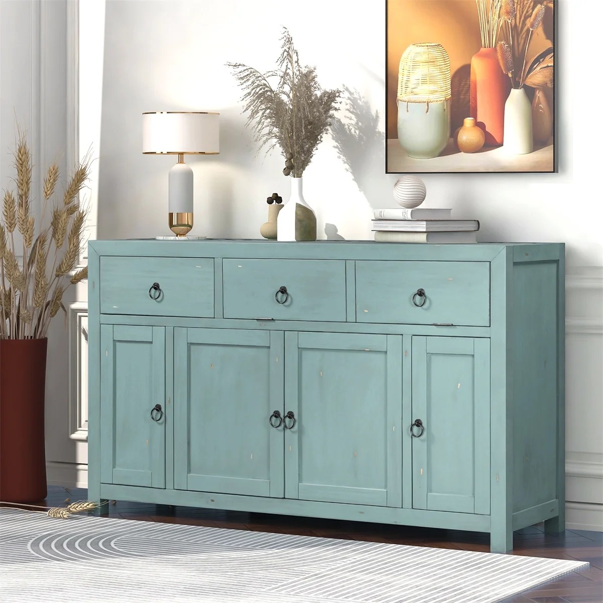 Long Storage Sideboard Table with Drawers and Shelves