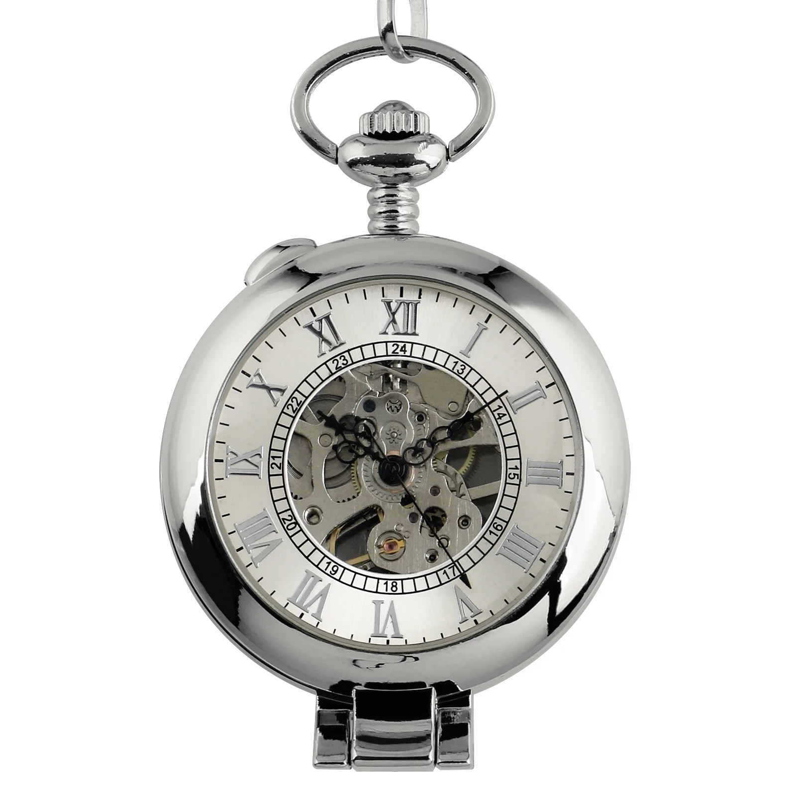 ESS Mens Pocket Watch Mechancial Silver Case Handwinding Skeleton