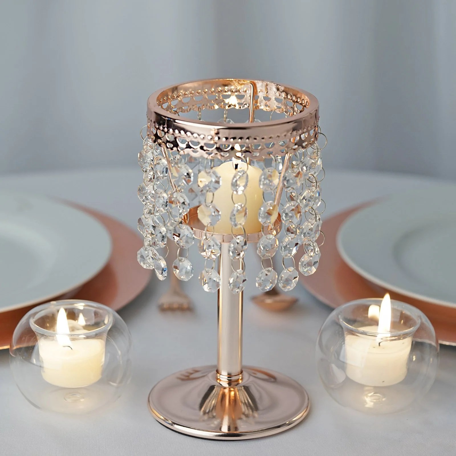 8" Blush Rose Gold Crystal Beaded Chain Votive Tealight Candle Holder