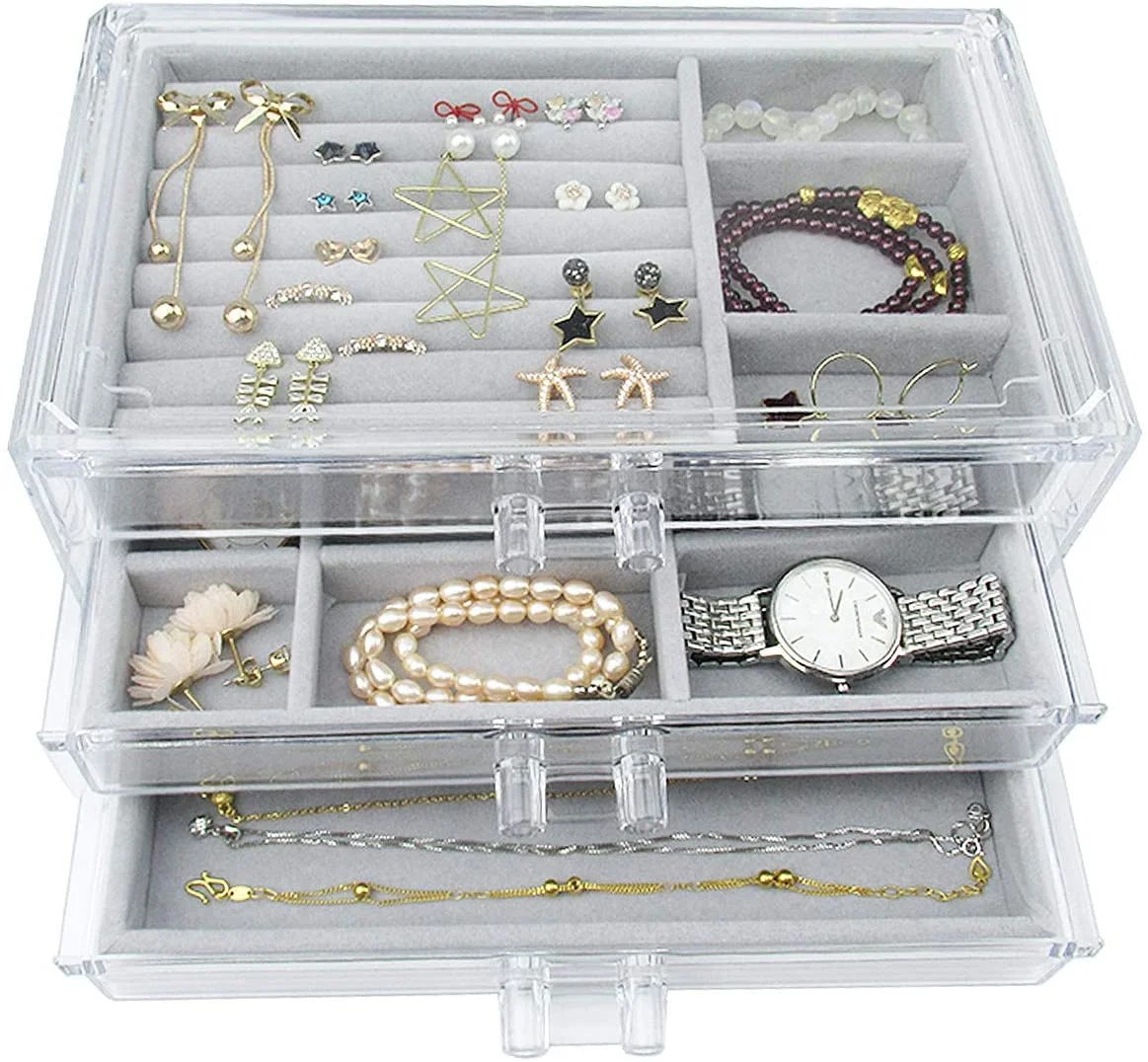 Acrylic Jewelry Box 3 Drawers, Velvet Jewellery Organizer, Earring