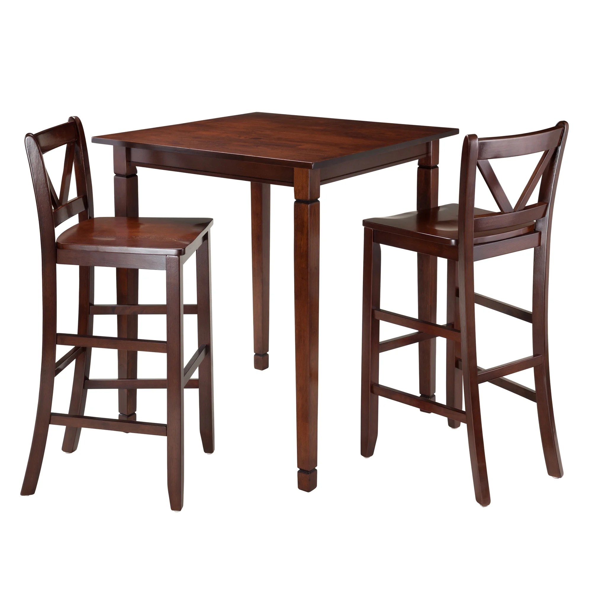 Set of 3 Warm Walnut High Dining Table with Bar VBack Chairs 38.75 Set of 3 Warm Walnut High Dining Table with Bar VBack Chairs 38.75