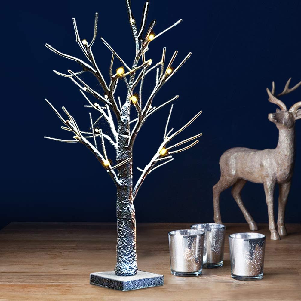 18" Tall White Birch Christmas Tree with Lights and Faux Snow LED