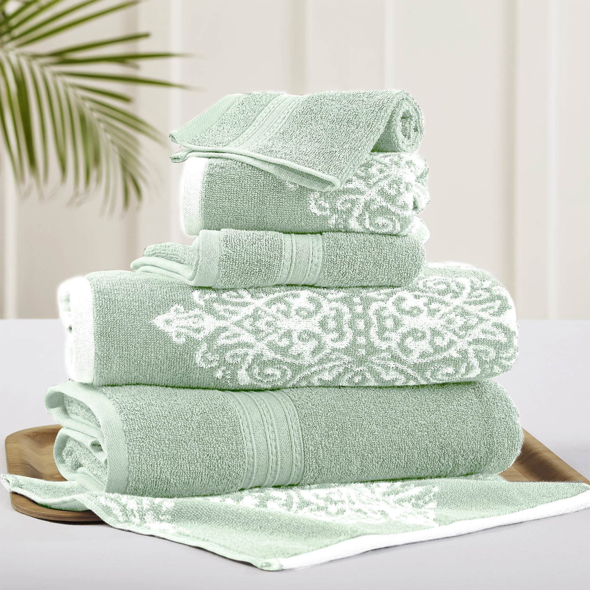 6 Piece Reversible Yarn Dyed Jacquard Towel Set, Artesia Damask, Sage