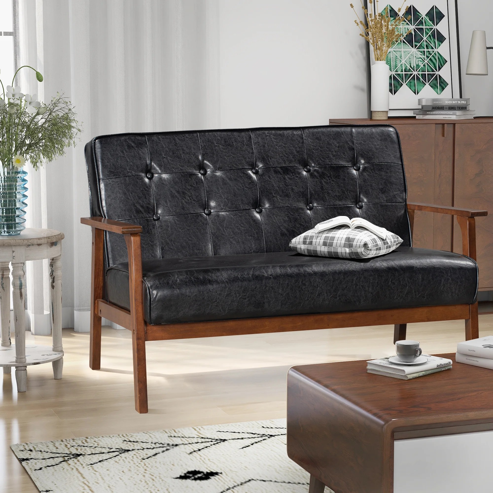 Black MidCentury Elegant Loveseat Sofa, SEGMART Upholstered 2Seat Black MidCentury Elegant Loveseat Sofa, SEGMART Upholstered 2Seat