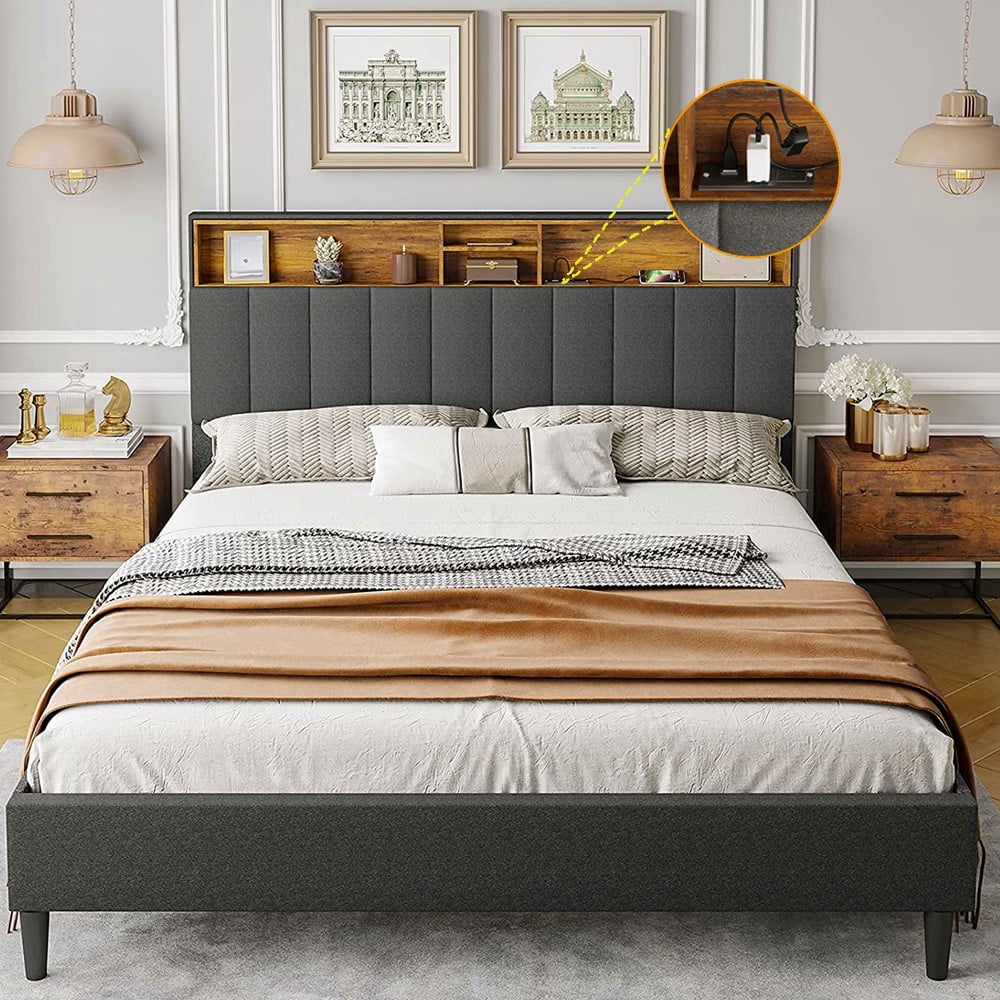 Queen Size Platform Bed Frame with Storage Headboard and Usb Outlets