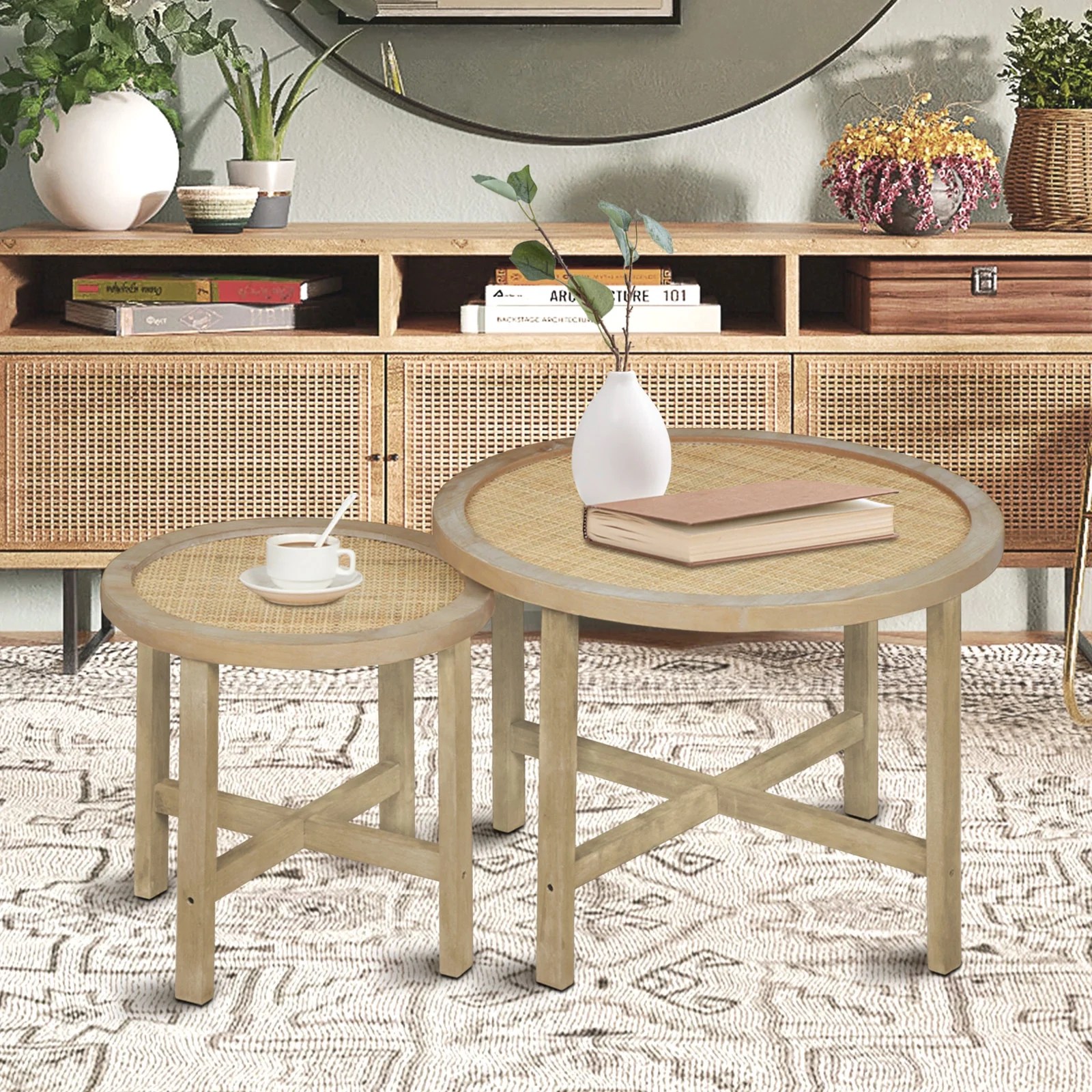 Round Nesting Coffee Tables Set of 2 with Natural Rattan, MidCentury