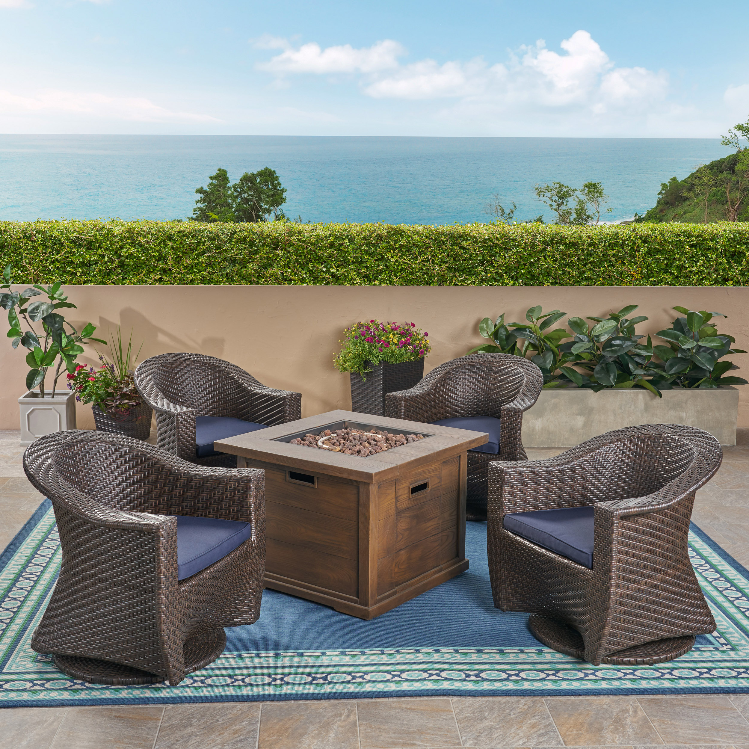 Celeste Patio Fire Pit Set, 4Seater with Wicker Swivel Chairs, Multi
