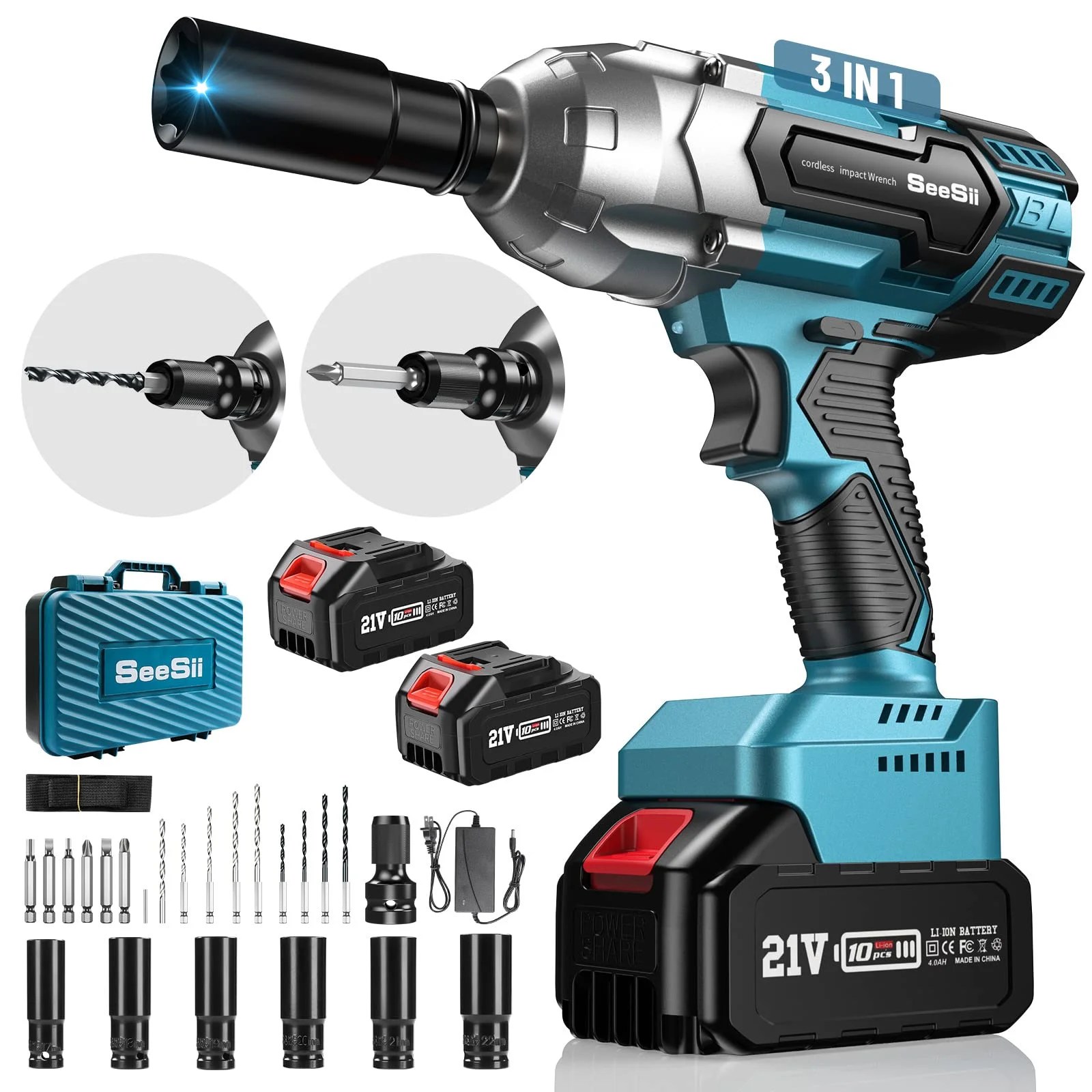 Power Cordless Impact Wrench 650Nm 1/2'', Seesii 3 in 1 Brushless