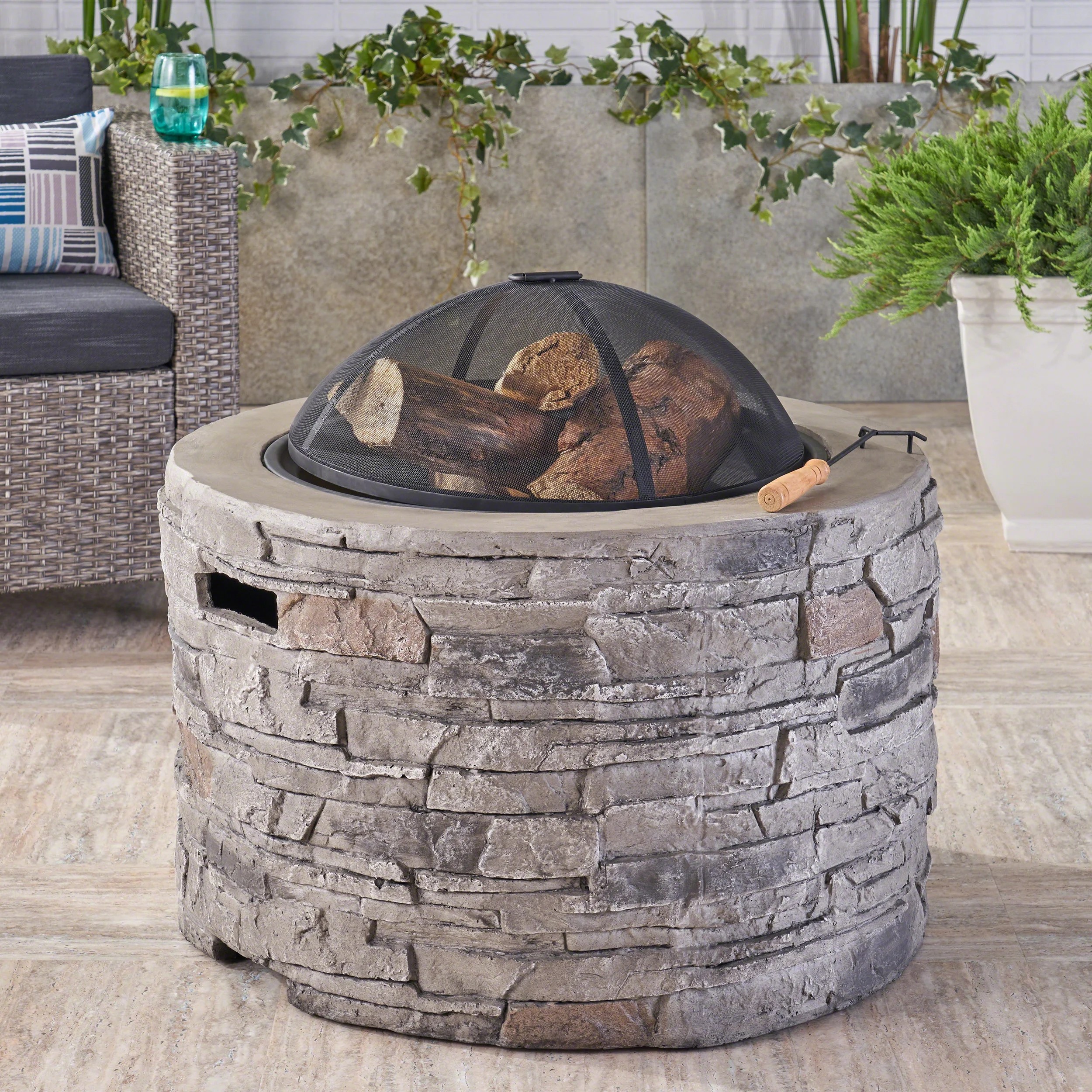 Outdoor 32" Wood Burning LightWeight Concrete Round Fire Pit, Grey