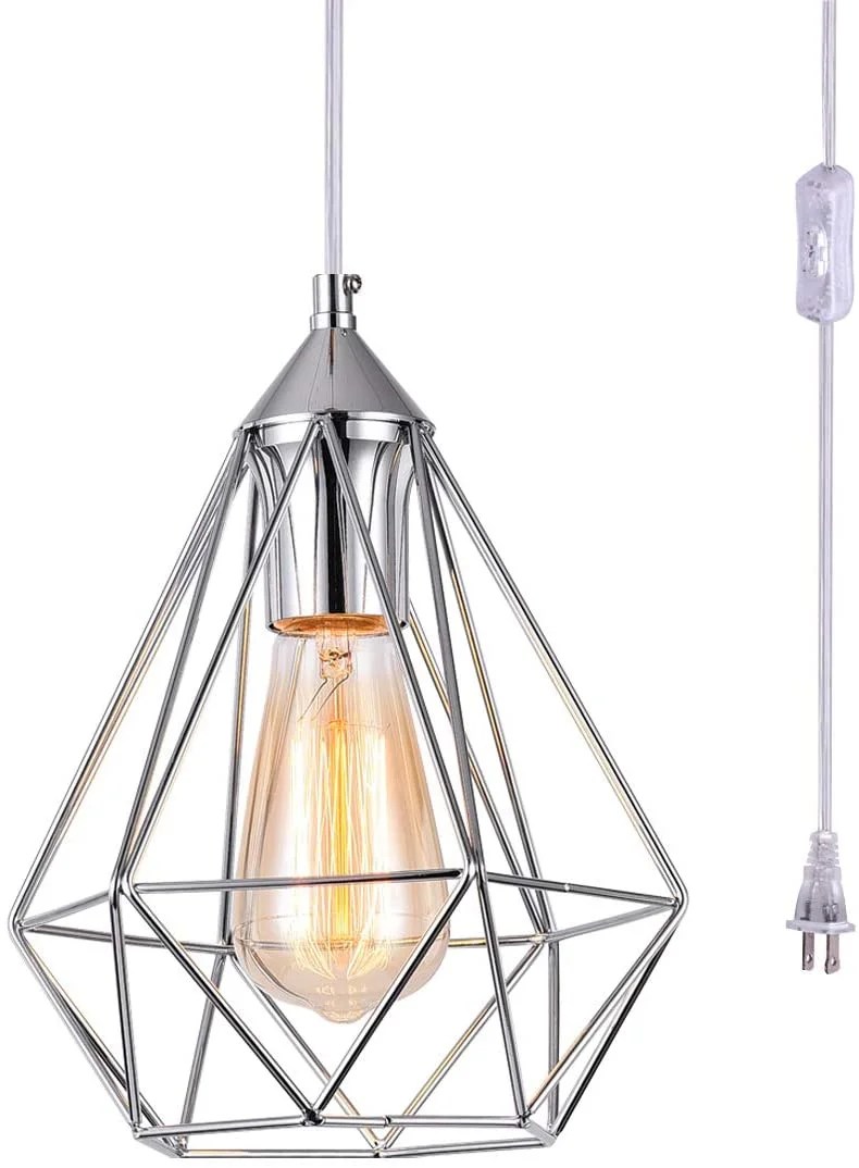 SEEBLEN Plug in Pendant Light Chrome Finish Hanging Light Fixture with