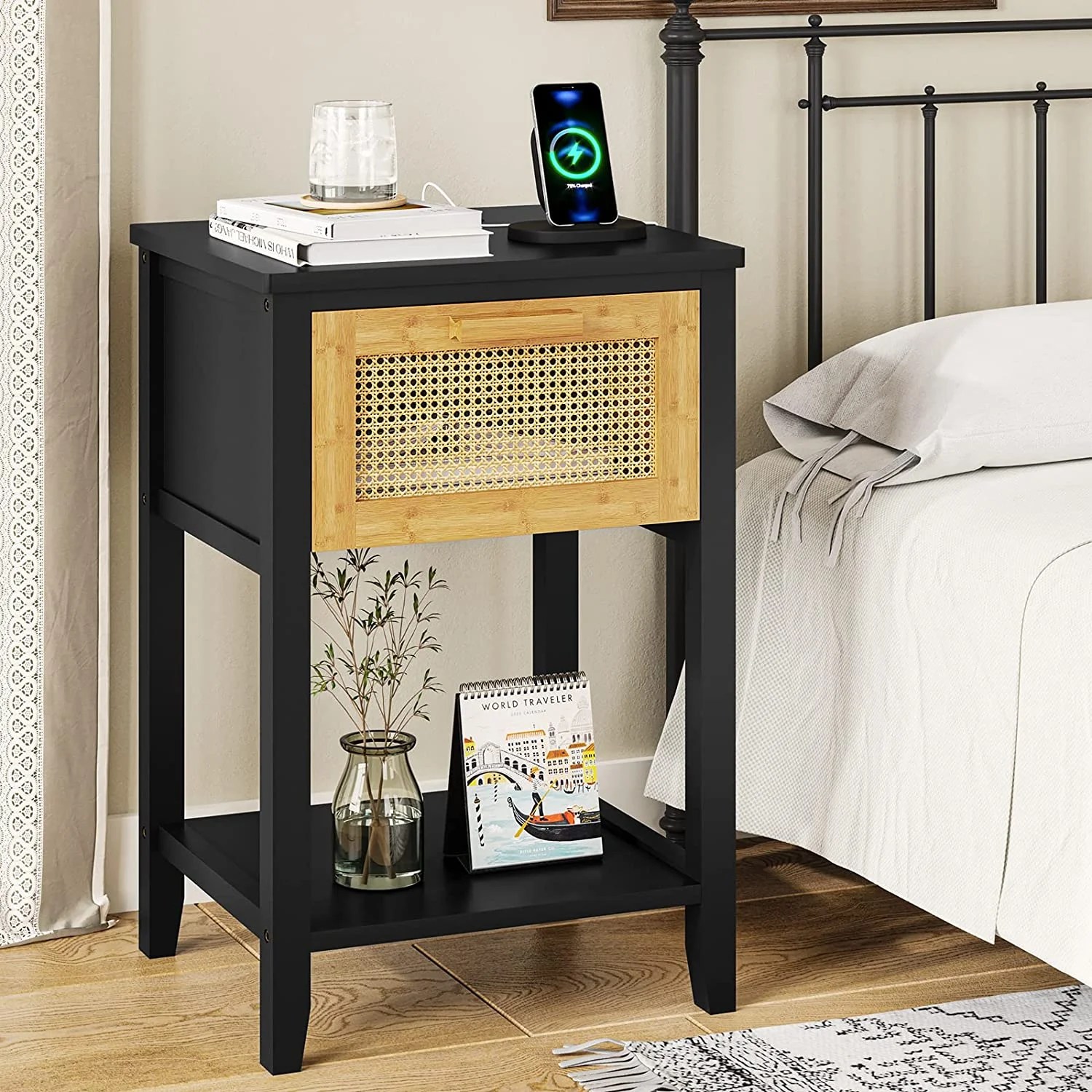 EPHEX Nightstands, Rattan Nightstands with Charging Station and Drawer