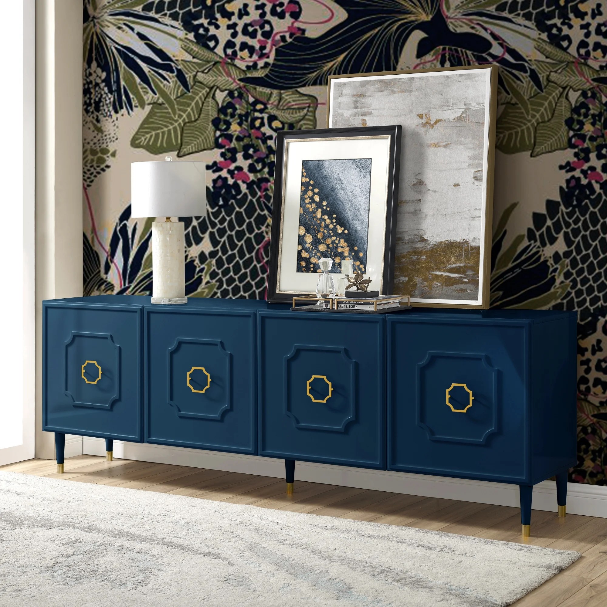 Kai Navy Sideboard/Buffet 4 Doors Brushed Finish Gold Handle and