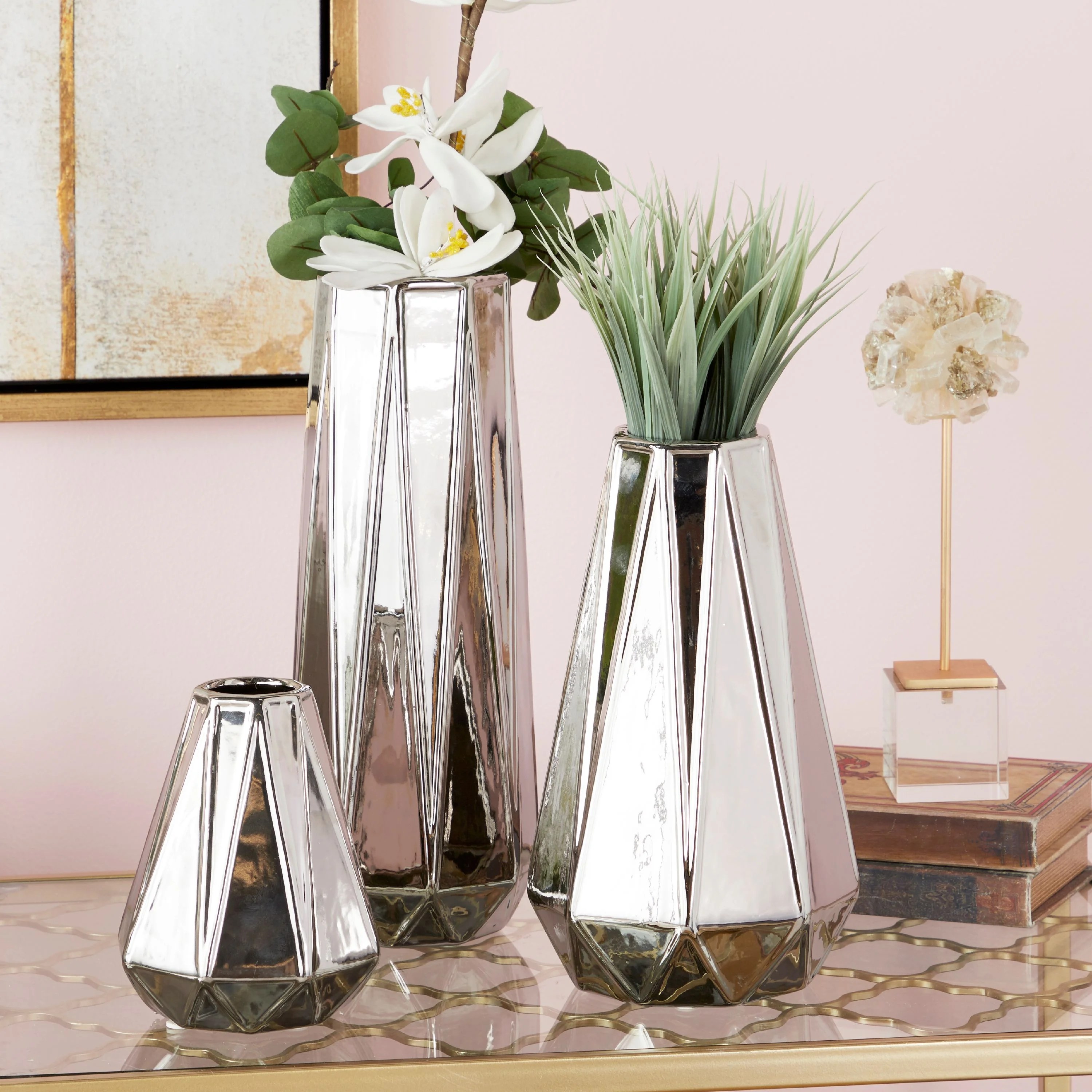 CosmoLiving Large Glam Style Geometric Metallic Electroplated Silver