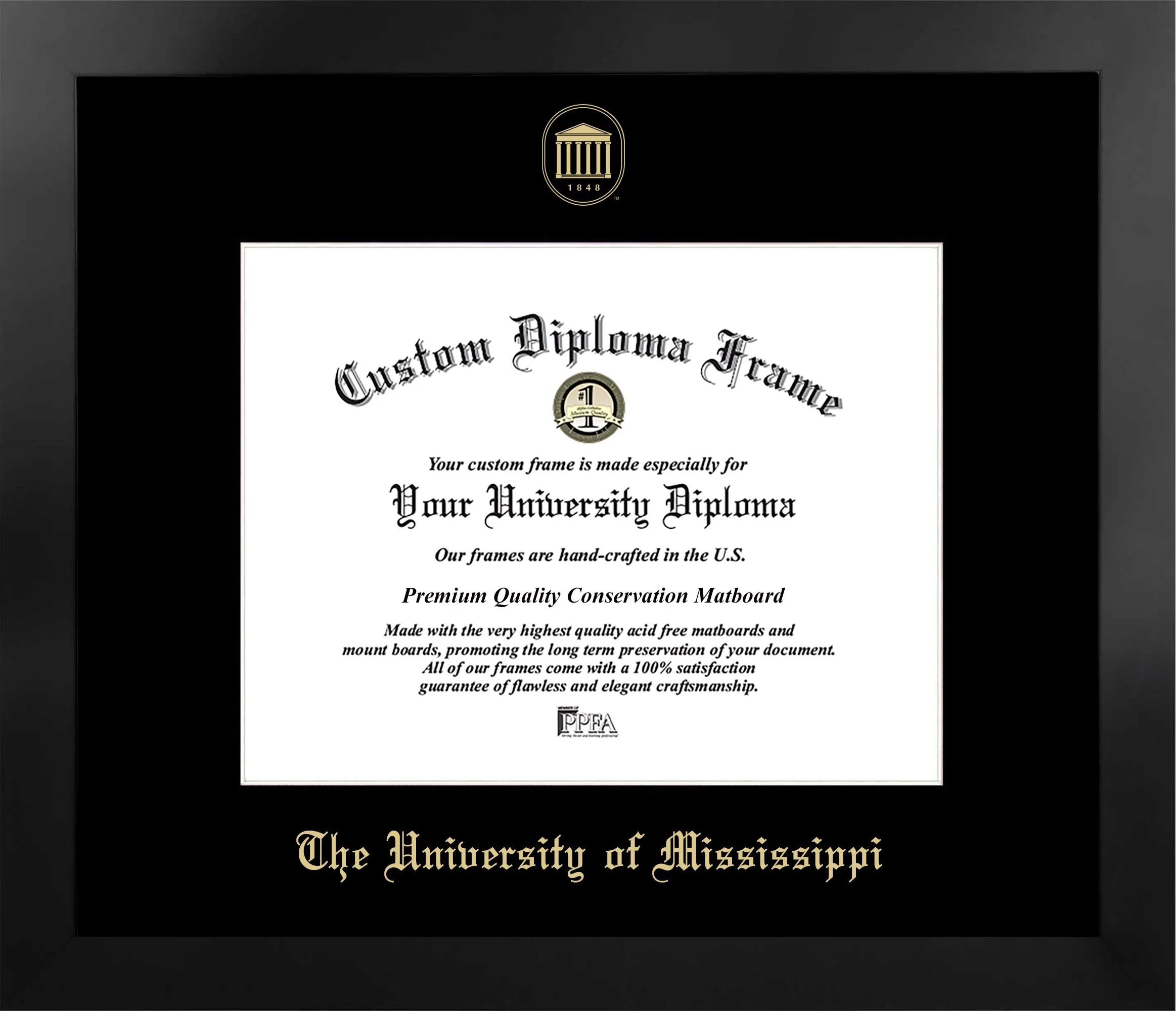 University of Mississippi 12w x 9h Manhattan Black Single Mat Gold