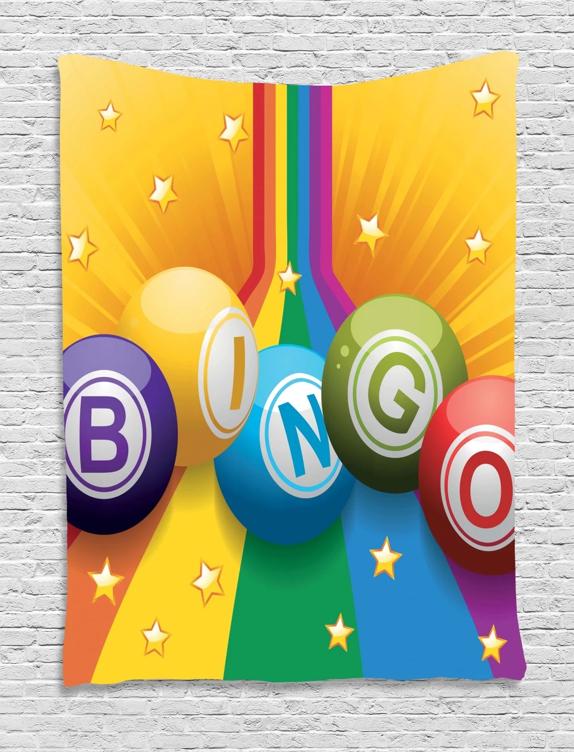 Bingo Tapestry, Colorful Bingo Balls on Rainbow over Yellow Bursting Bingo Tapestry, Colorful Bingo Balls on Rainbow over Yellow Bursting