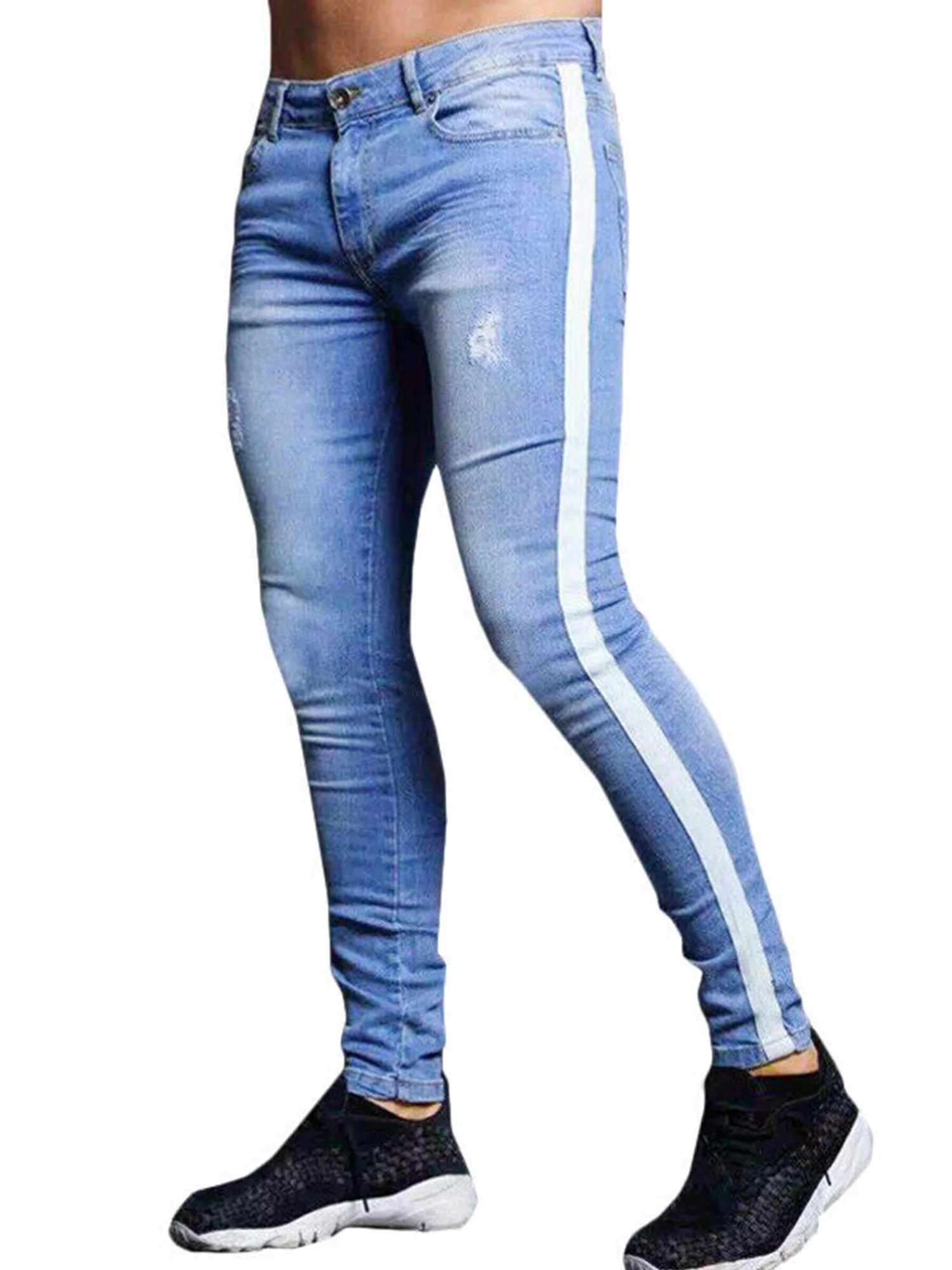 Lallc Men's Striped Jegging Skinny Jeans Ripped Denim Pants Frayed