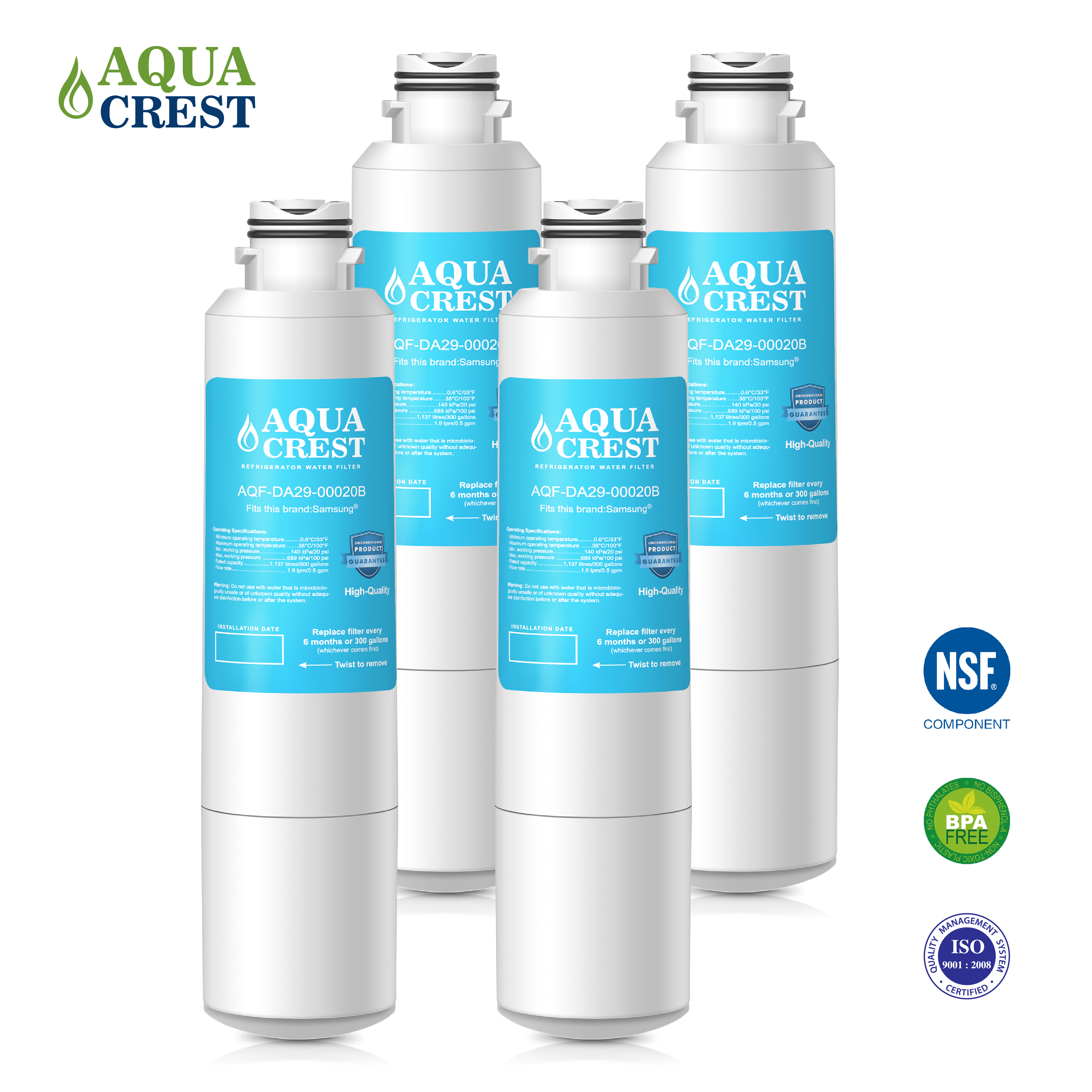 4 Pack AQUACREST DA2900020B Refrigerator Water Filter Compatible with