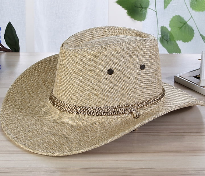 Men Summer Sunhat Cool Western Cowboy Hat Outdoor Wide Brim Hat Linen