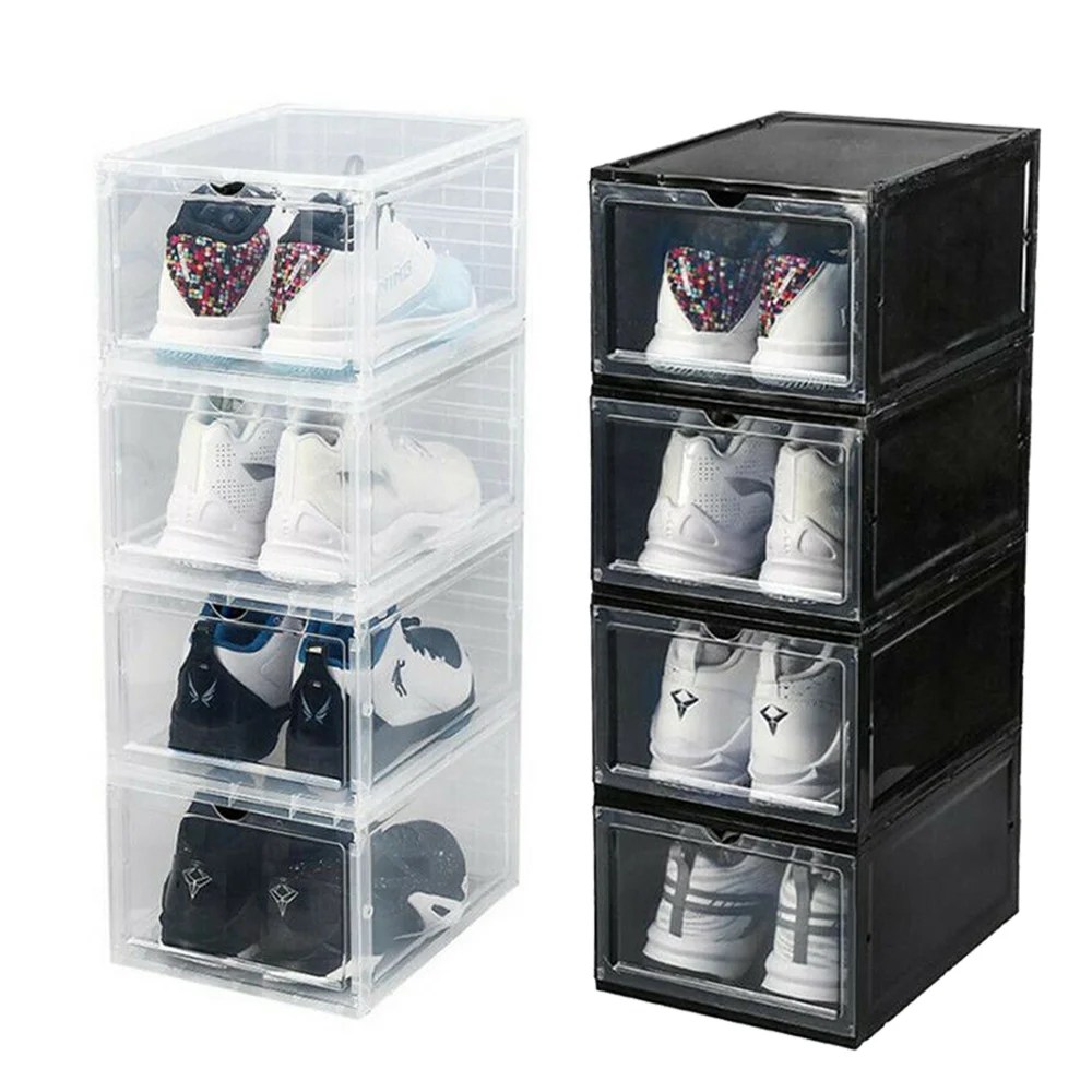 Plastic Shoe Box, 4/8/12x Stackable Black/ Clear Shoe Storage Box