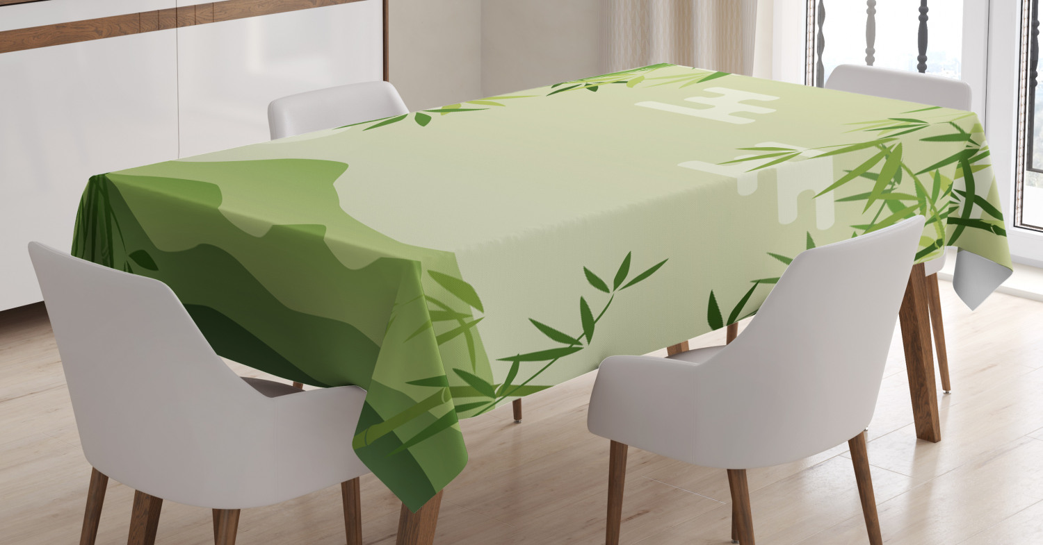 Green Leaf Tablecloth, Abstract Bamboo Trees in Japanese