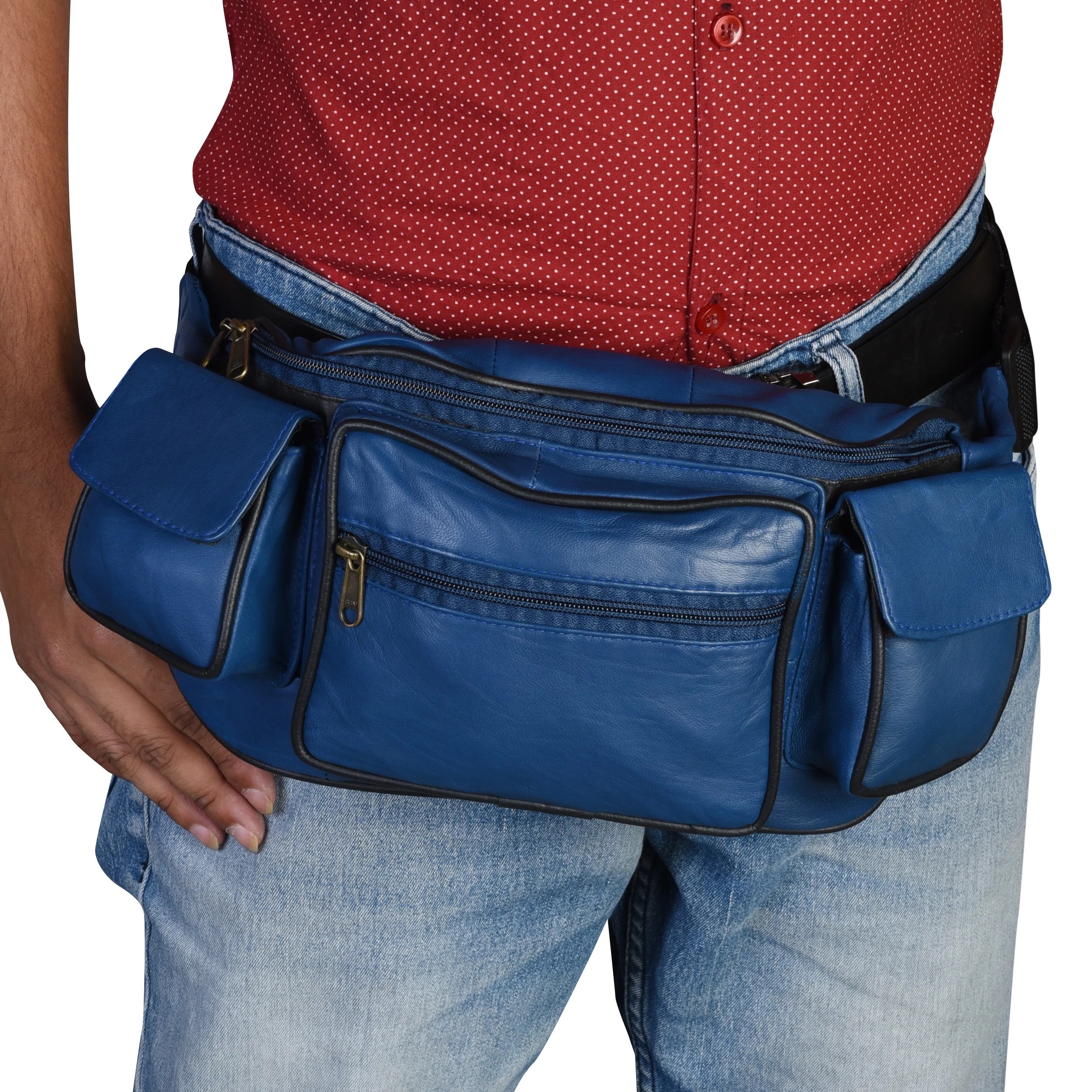 Leather Unisex Fanny Pack Belt Waist Pouch Hip Travel Purse, Blue
