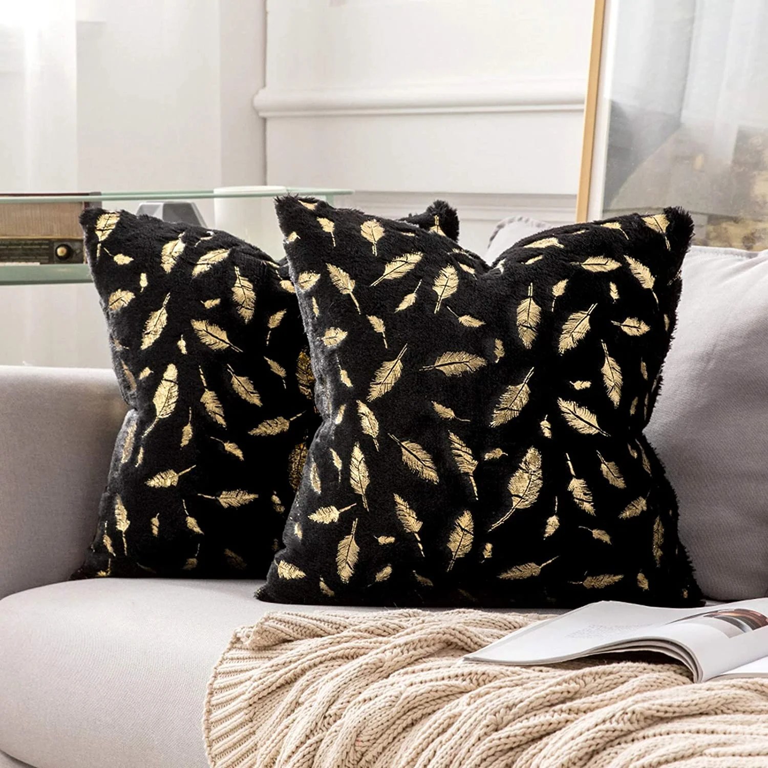 Pack of 2 Decorative Throw Pillow Covers Plush Faux Fur with Gold