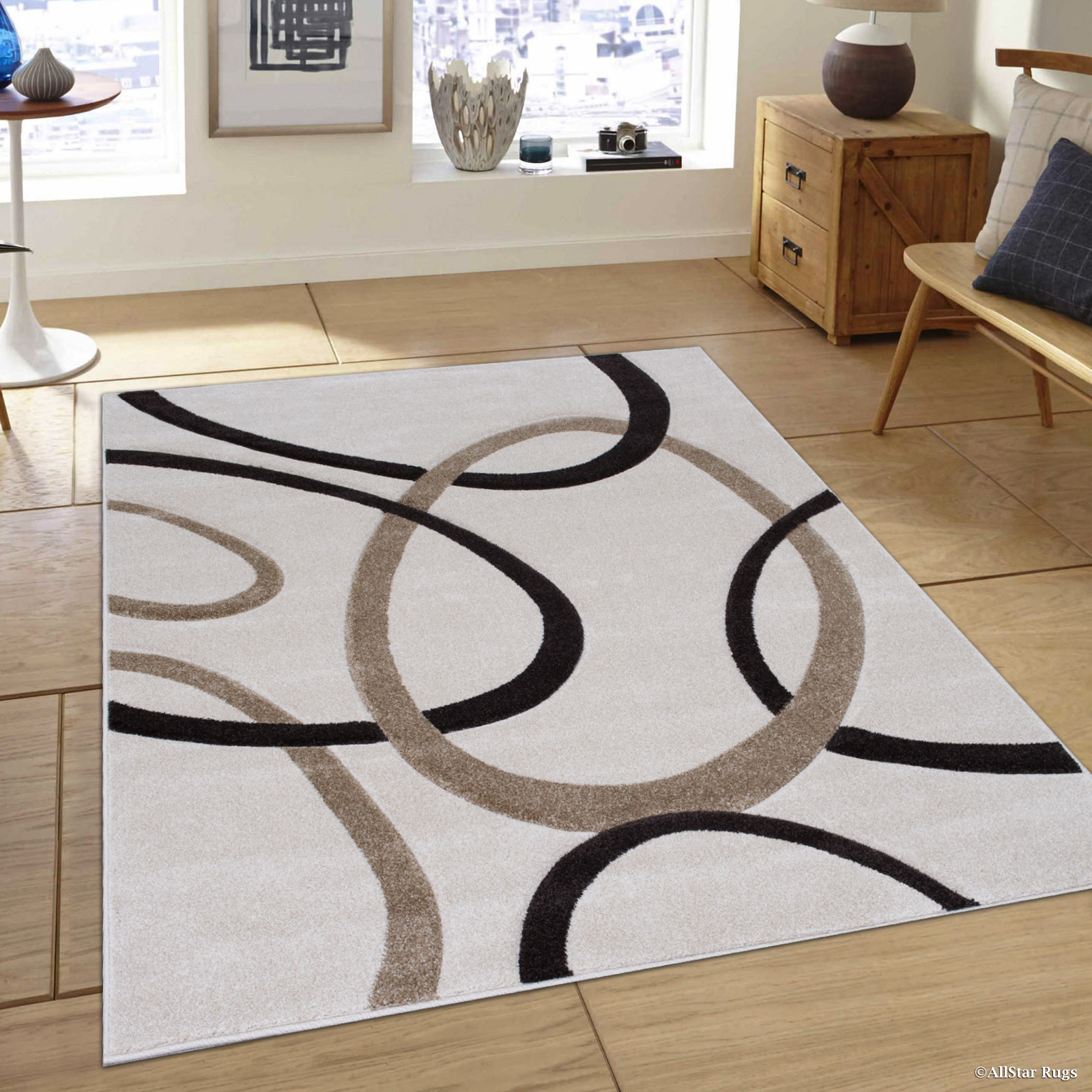 Allstar Ivory Modern Geometric Brown circle design Area Rug (5' 2" x 7