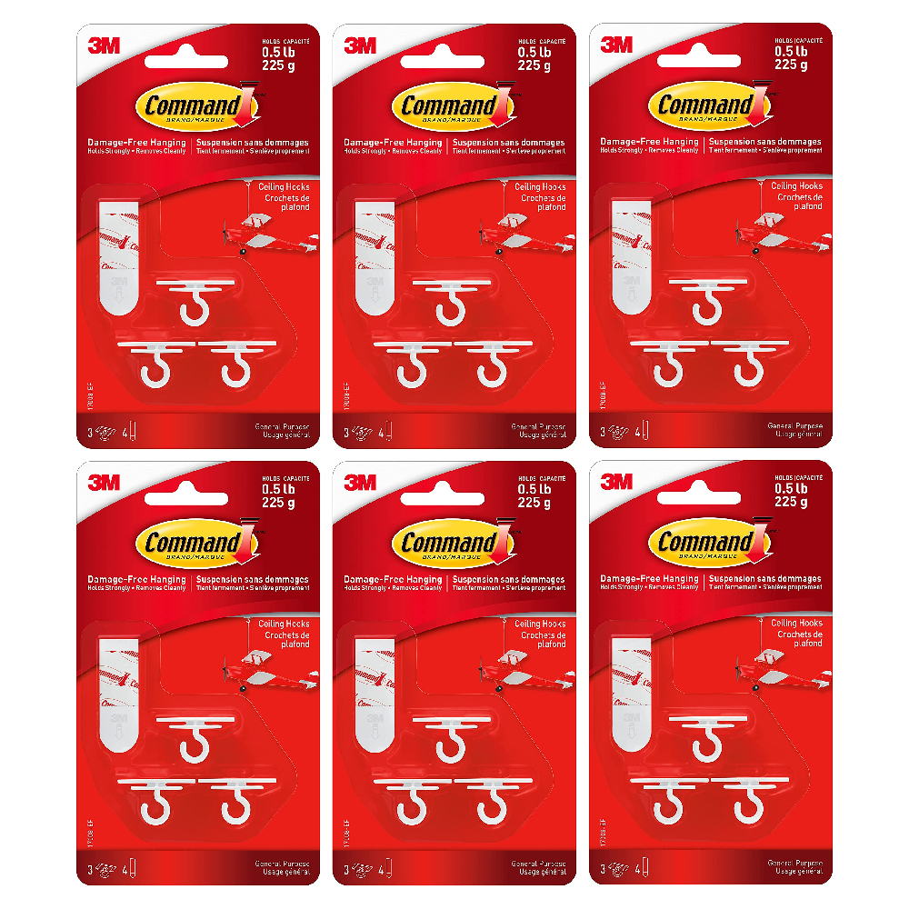 Command Ceiling Hooks 3 Plastic Hooks 4 Foam Strips White, 6 Pack