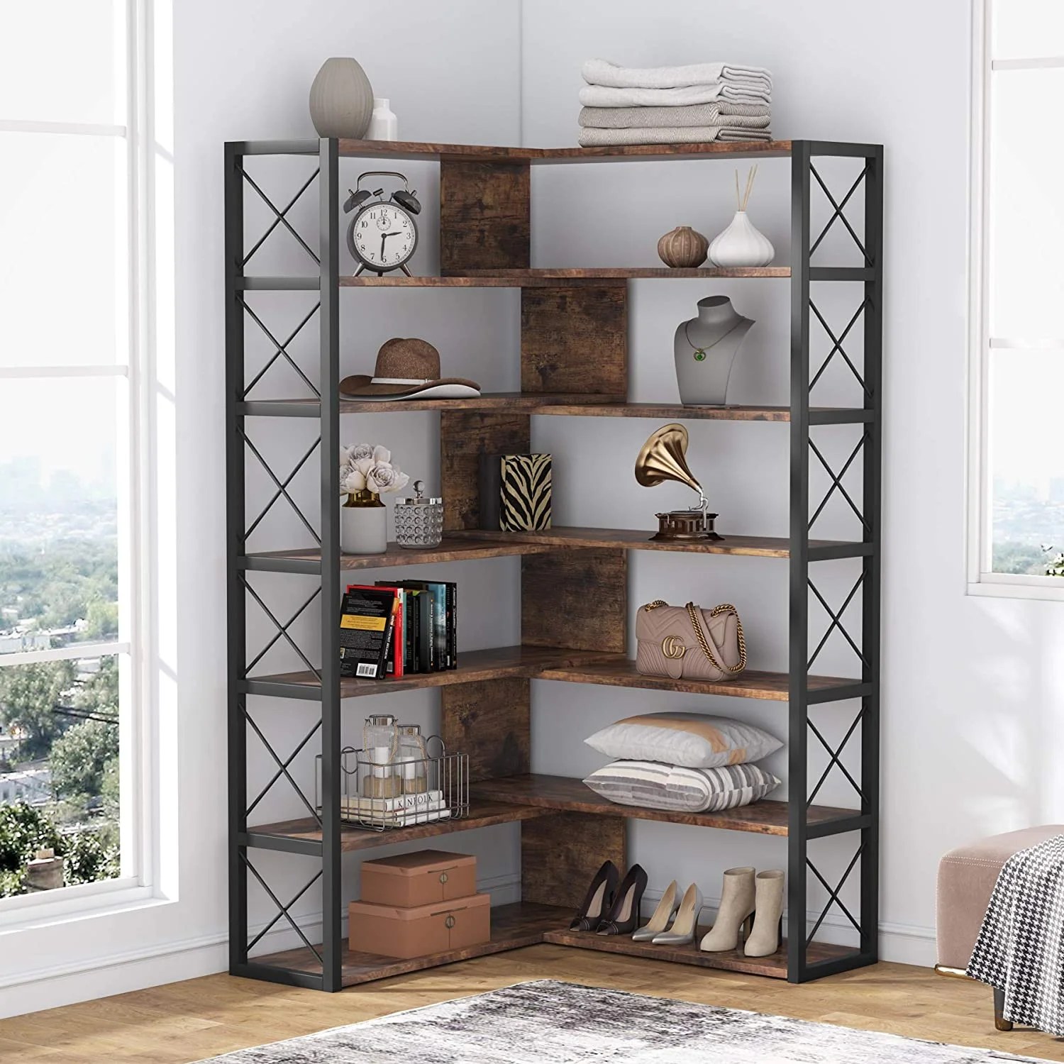 6Tier Corner Bookshelf Bookcase, Industrial Corner