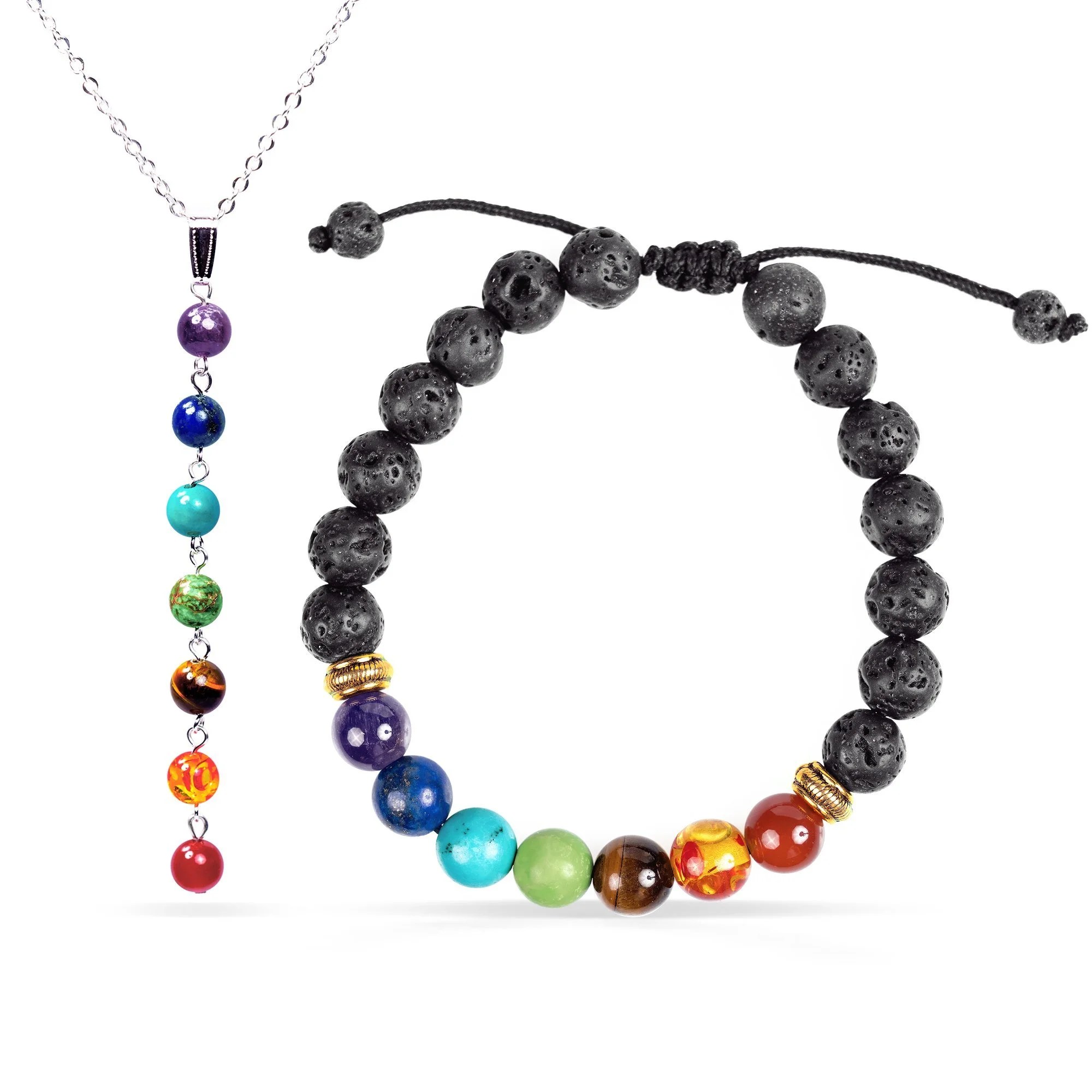 7 Chakra Healing Bracelet with Real Stones, Volcanic Lava, Mala