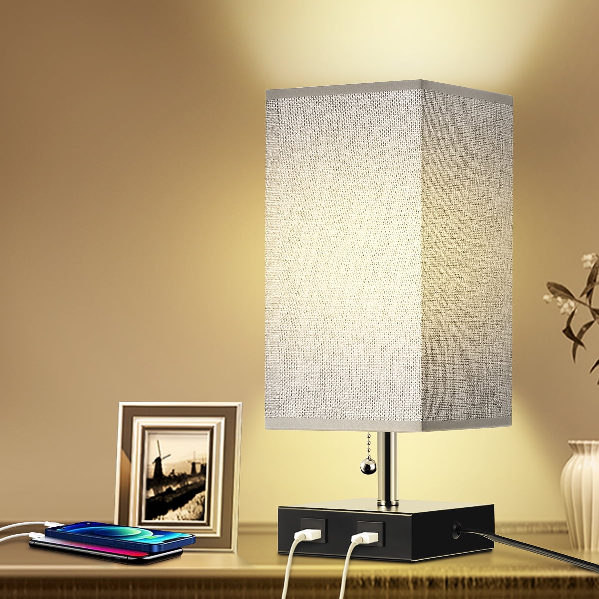 Bedside Lamp, Table Lamp with 2 USB Charging Ports 2 AC Outlet