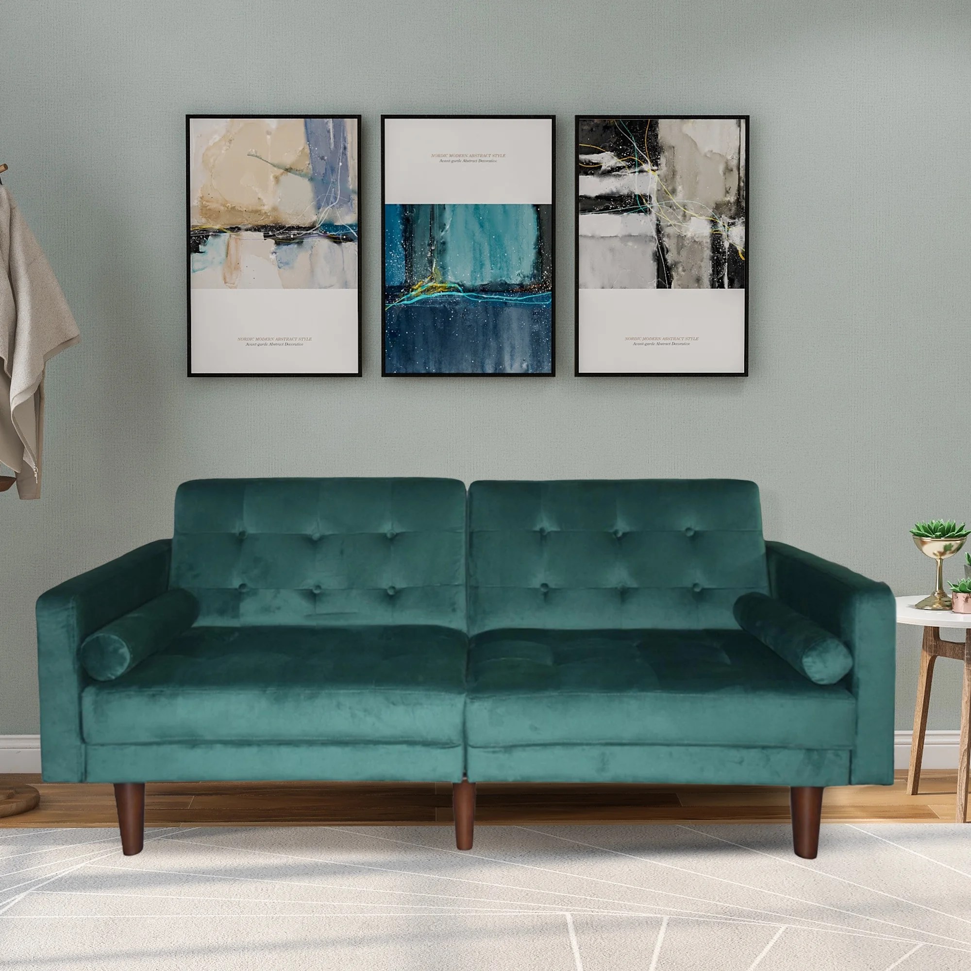 Green Sofa Bed, Mid Century Modern Velvet Upholstered Green Sofa Bed, Mid Century Modern Velvet Upholstered