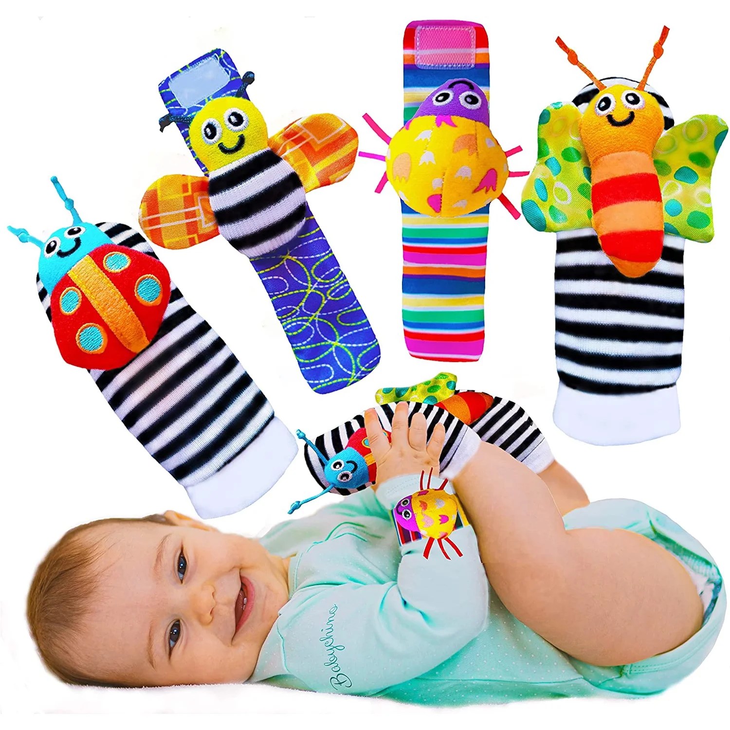 Amerteer 4pcs Foot Finders & Wrist Rattles for Infants Developmental