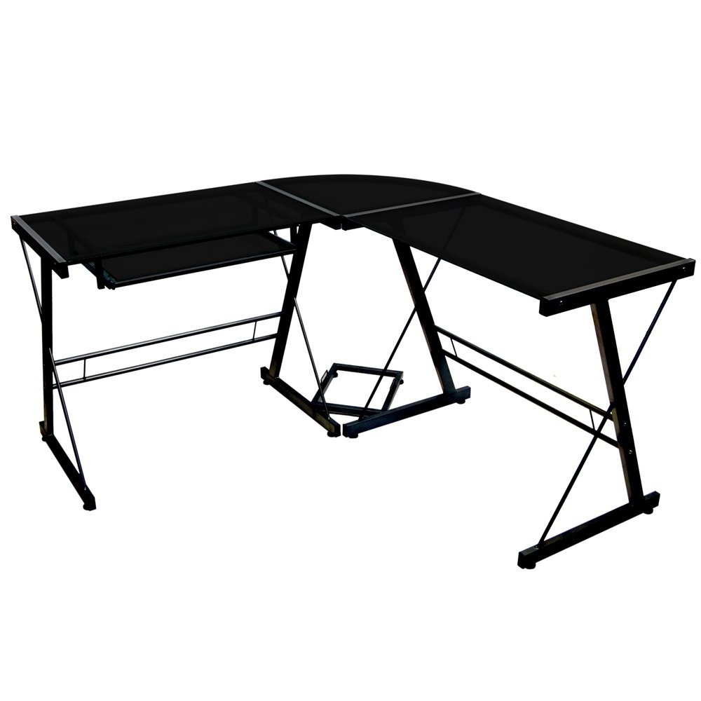 Daily Boutik Black Metal and Glass Corner LShaped Computer Desk