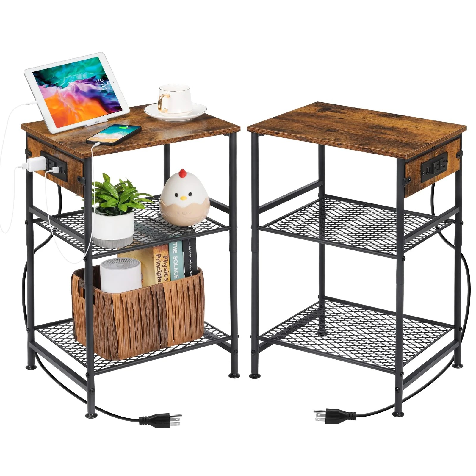 Nightstands Set of 2, Side Table with Charging Station with Mesh