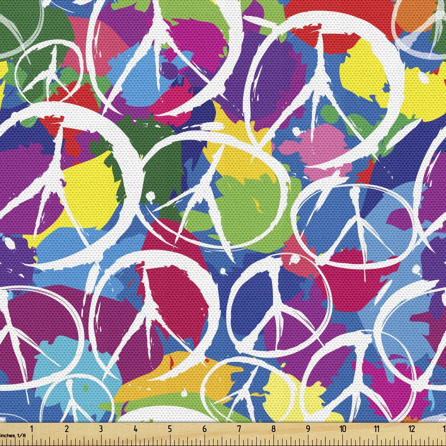 Retro Fabric by the Yard Universal Peace Sign on Colorful