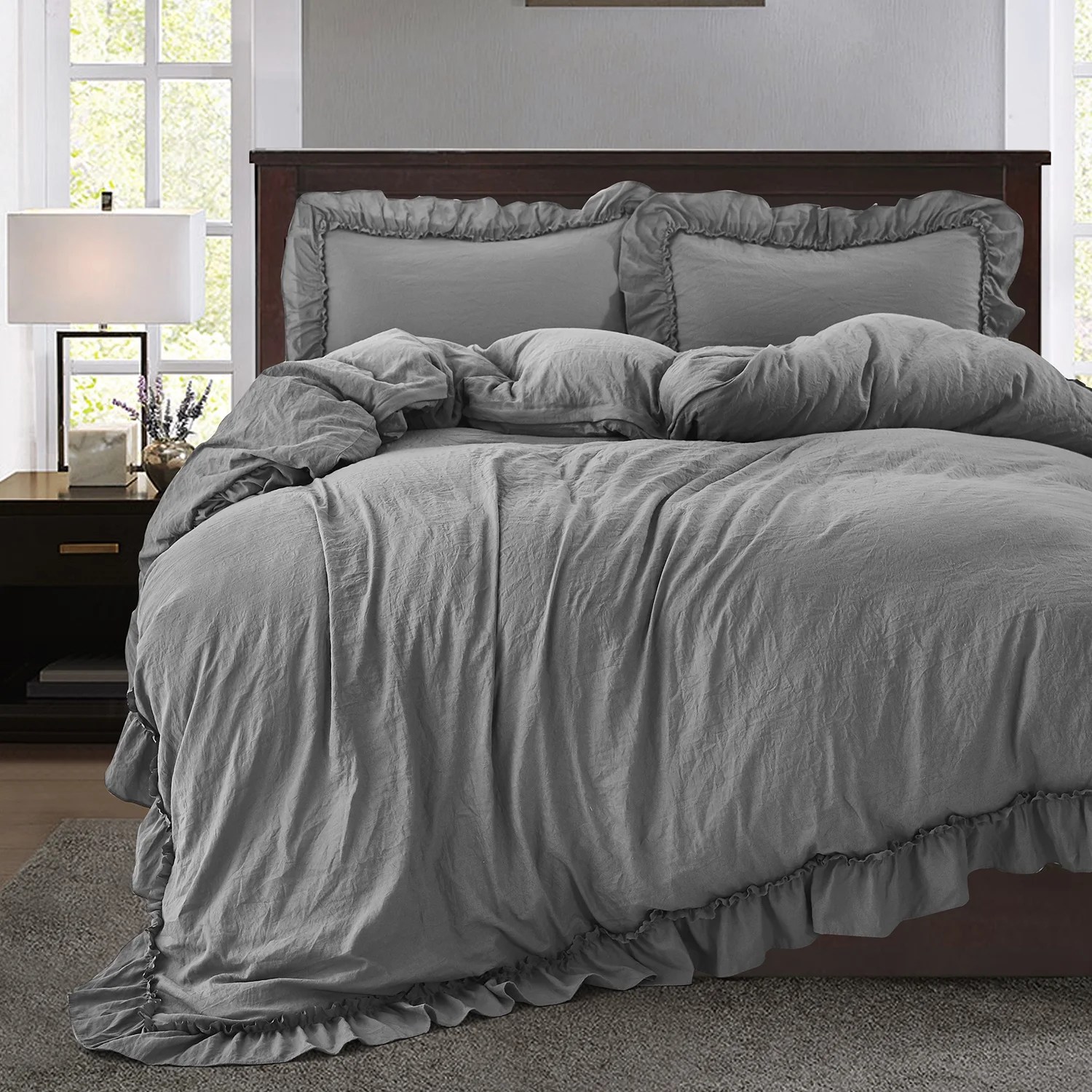 Homechoice 3 Piece Washed Duvet Cover King with Handcraft Ruffle 100